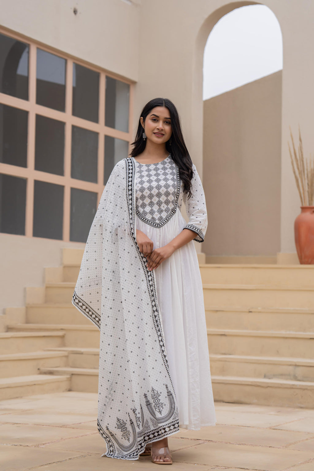 Juniper White Anarkali Dress with Embroidered Dupatta