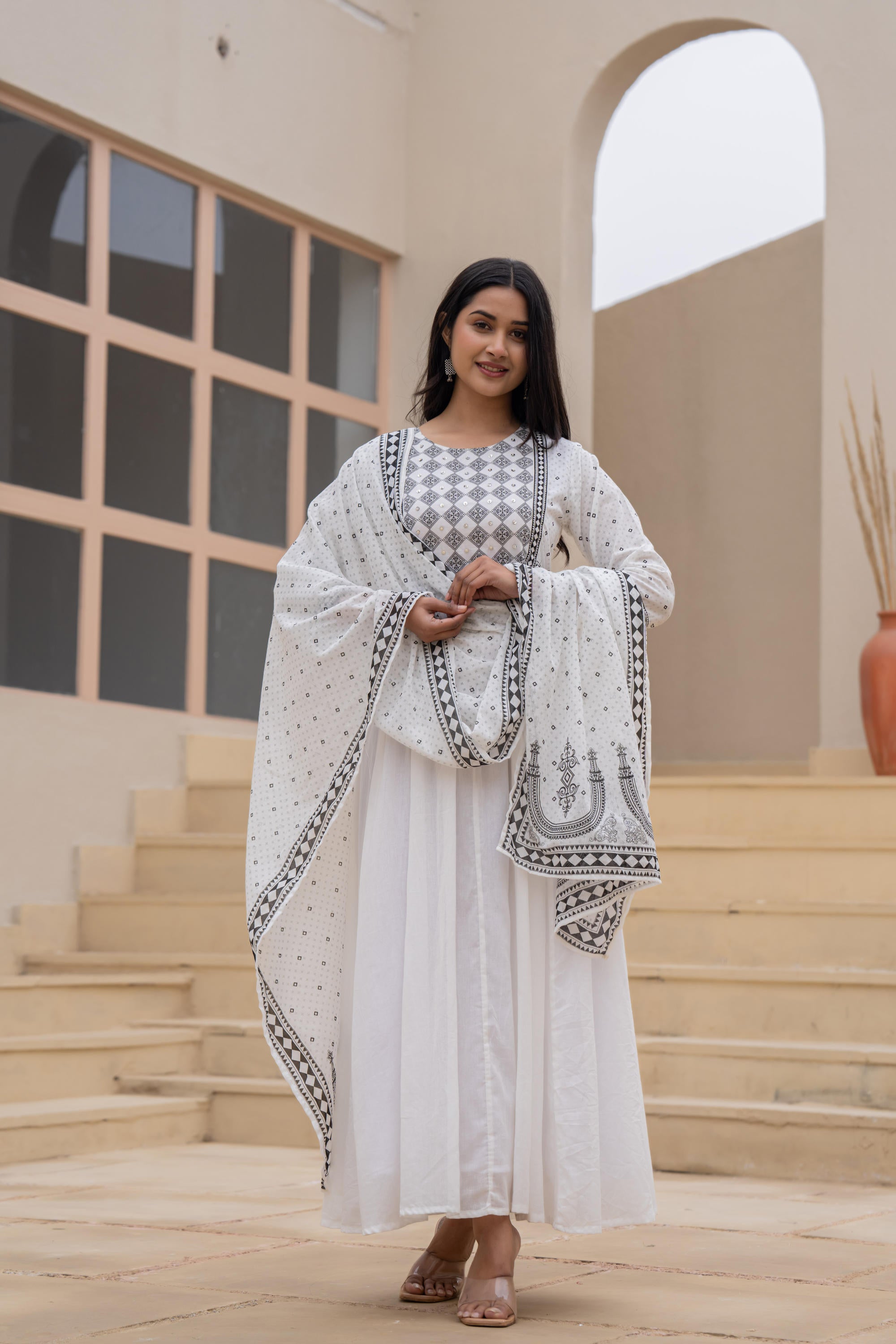 Juniper White Anarkali Dress with Embroidered Dupatta