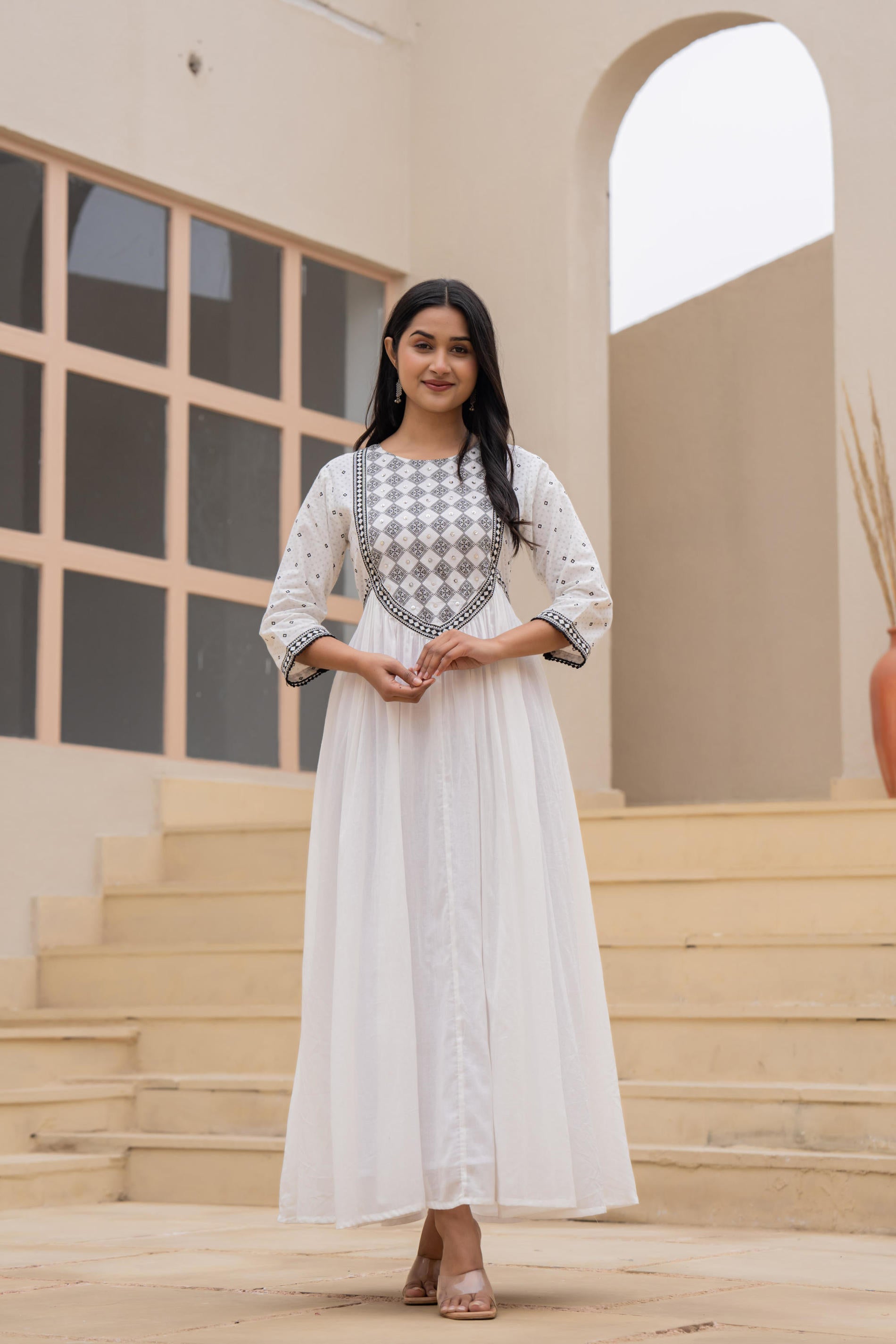 Juniper White Anarkali Dress with Embroidered Dupatta