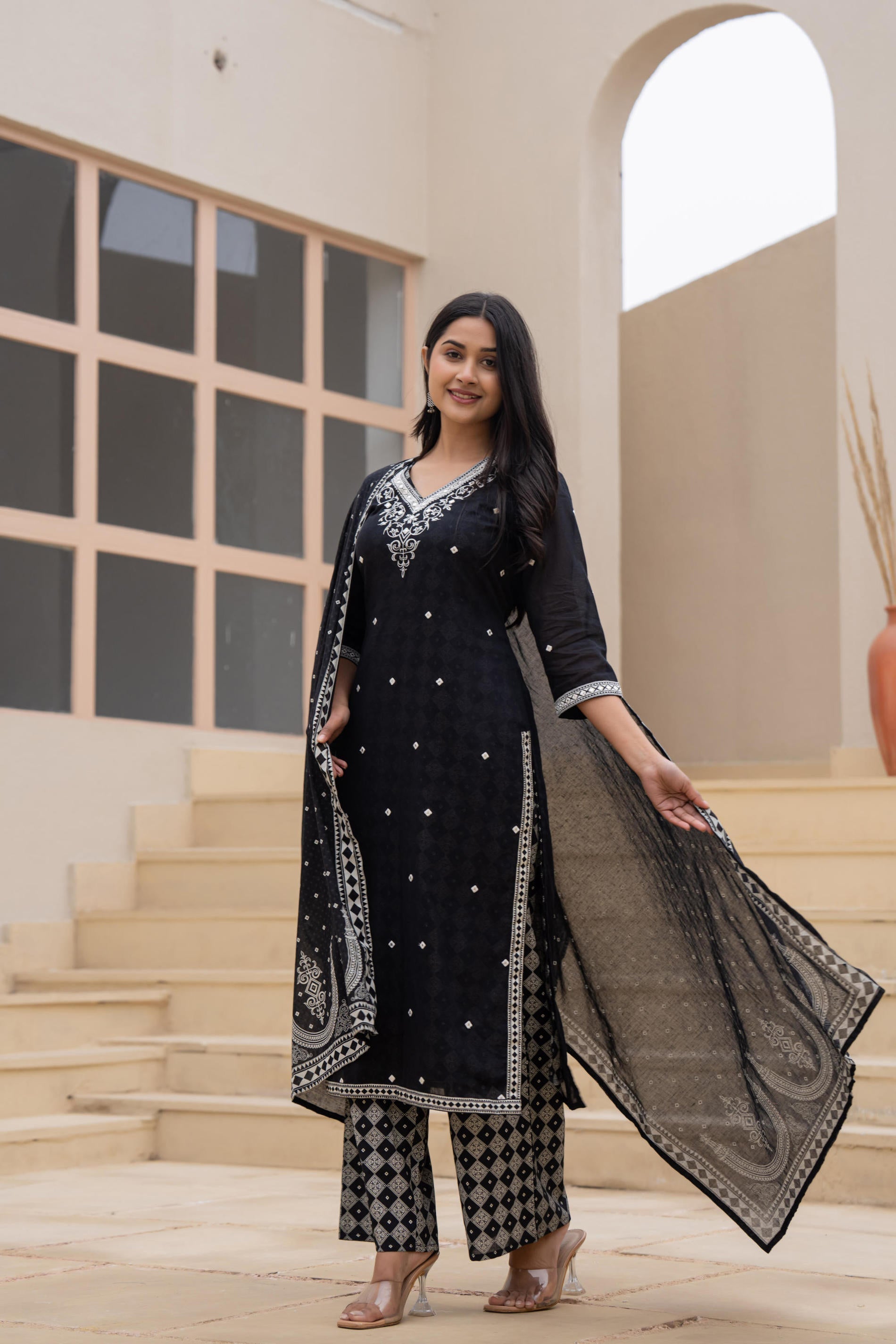Juniper Black Printed Cotton Kurta Set with Embroidered Neckline & Dupatta