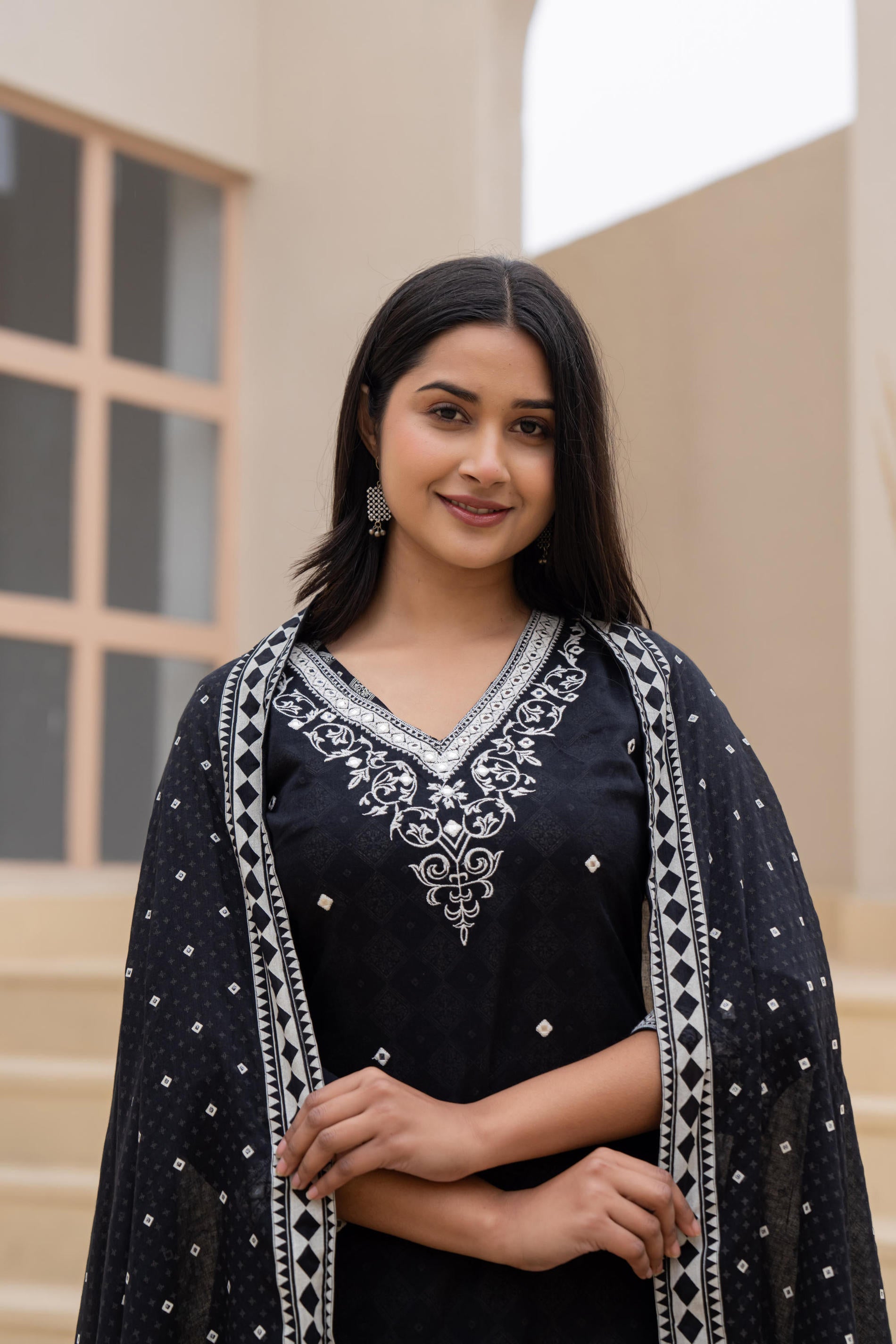 Juniper Black Printed Cotton Kurta Set with Embroidered Neckline & Dupatta