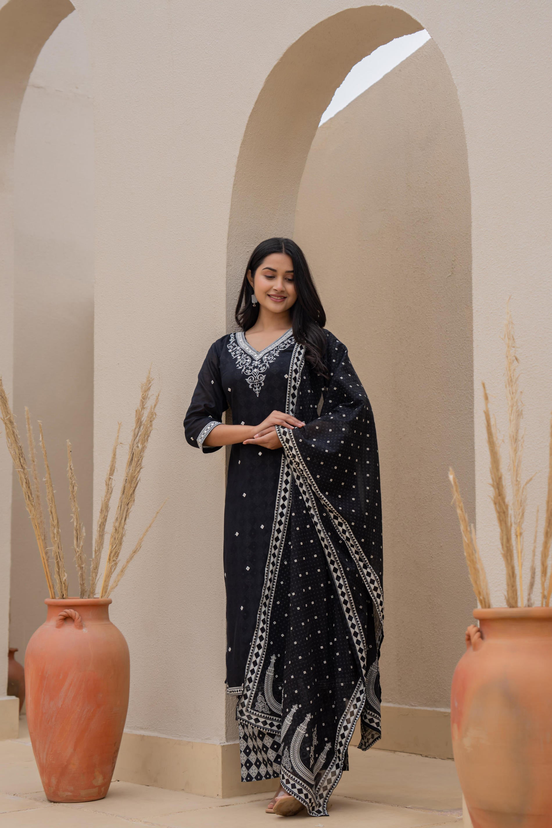 Juniper Black Printed Cotton Kurta Set with Embroidered Neckline & Dupatta