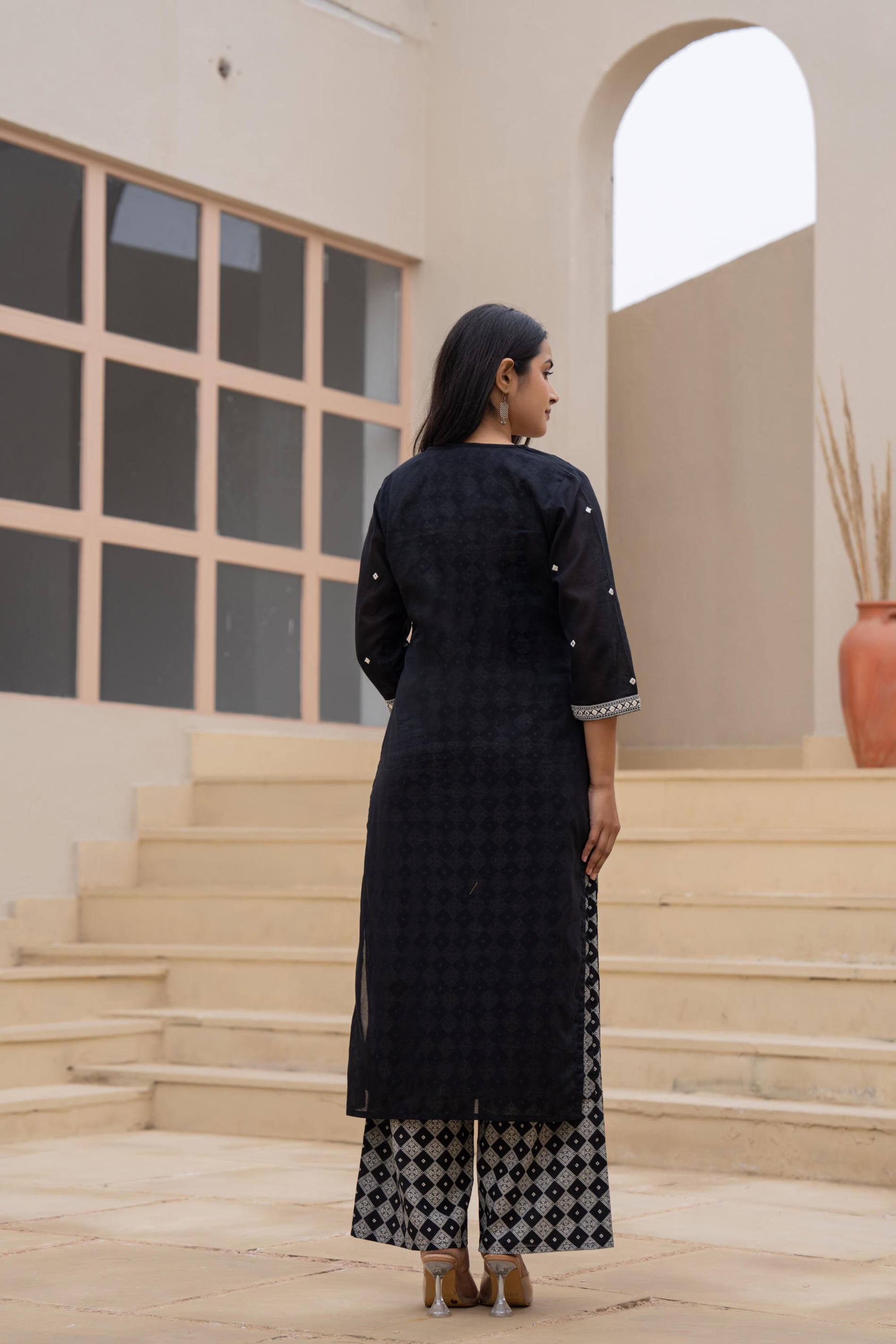 Juniper Black Printed Cotton Kurta Set with Embroidered Neckline & Dupatta