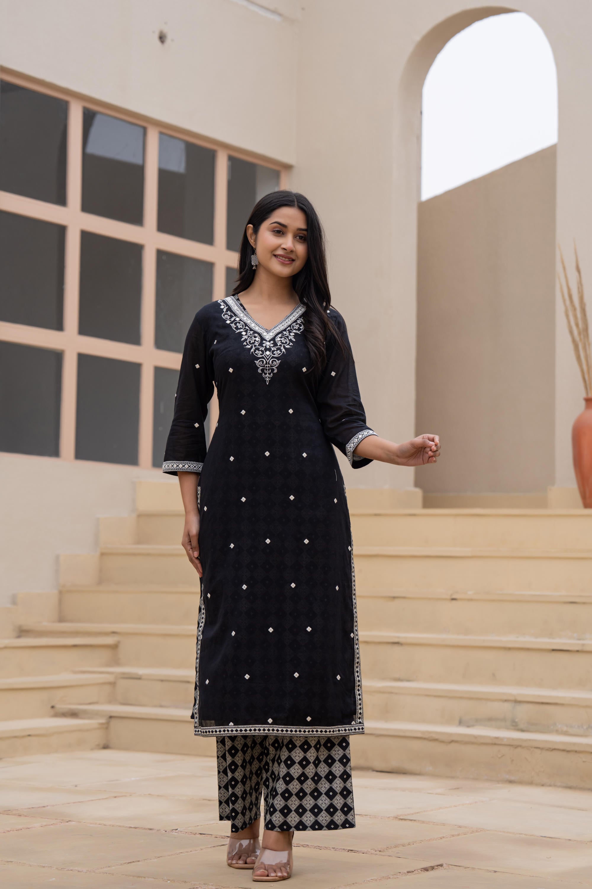 Juniper Black Printed Cotton Kurta Set with Embroidered Neckline & Dupatta
