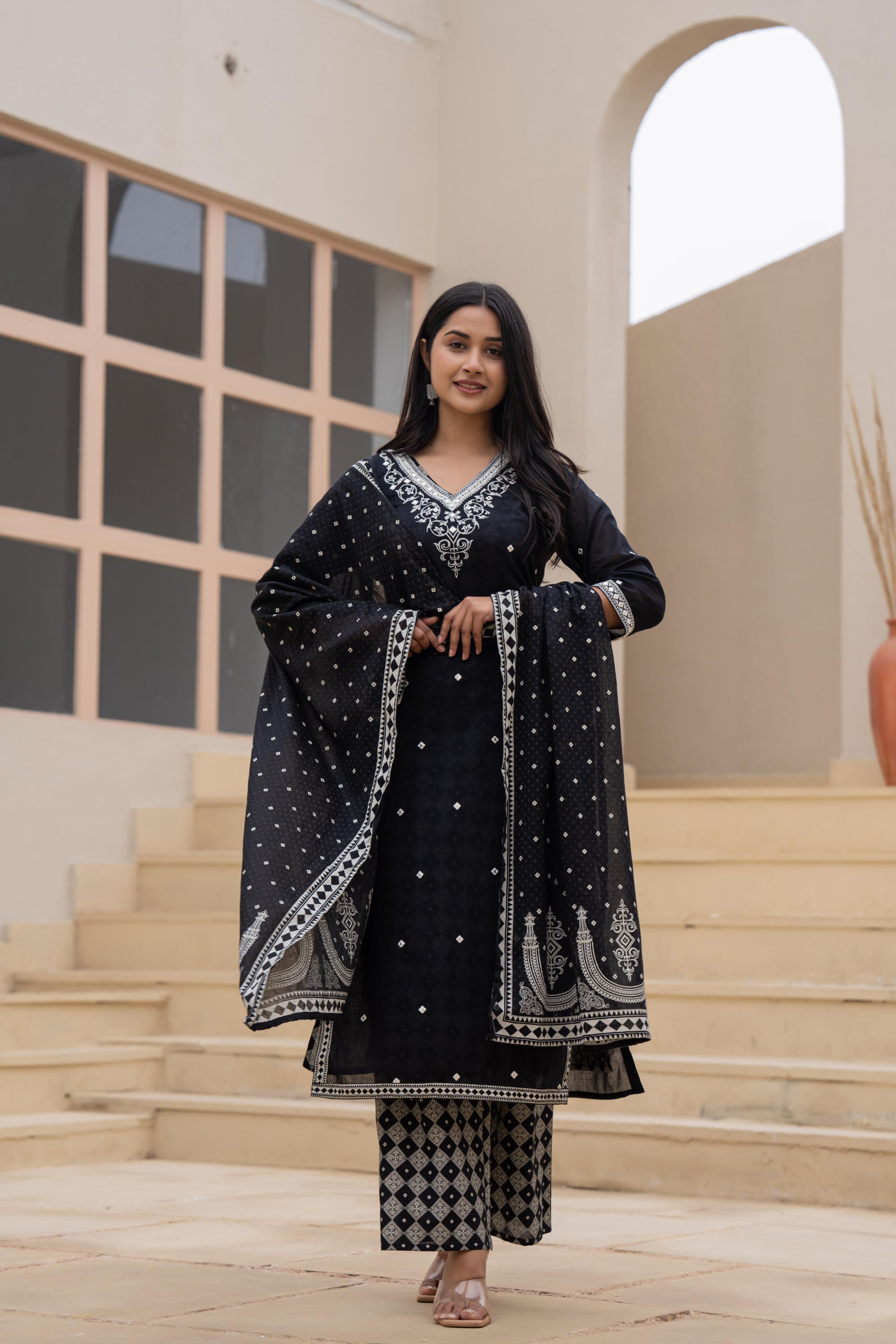 Juniper Black Printed Cotton Kurta Set with Embroidered Neckline & Dupatta