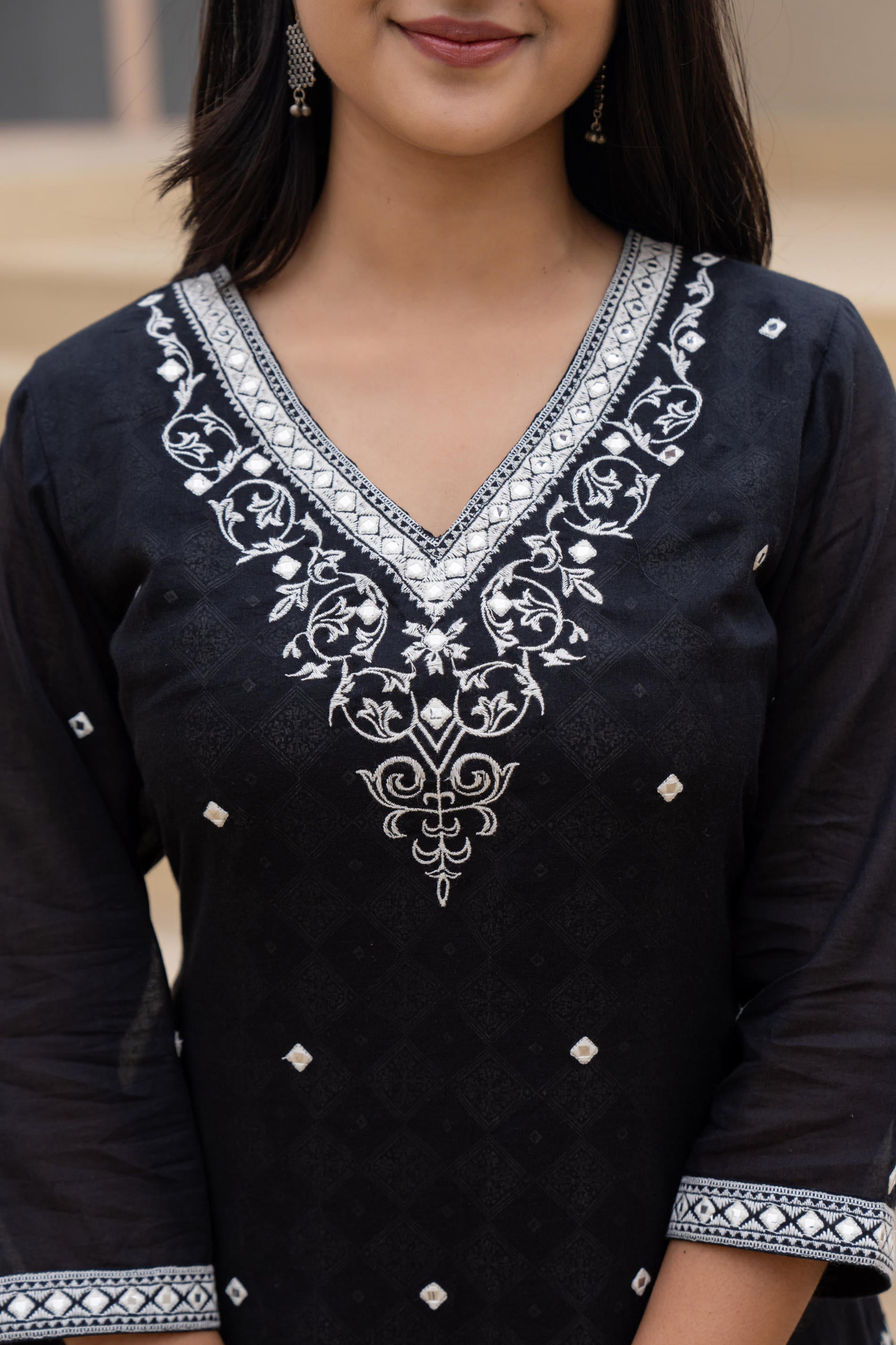 Juniper Black Printed Cotton Kurta Set with Embroidered Neckline & Dupatta