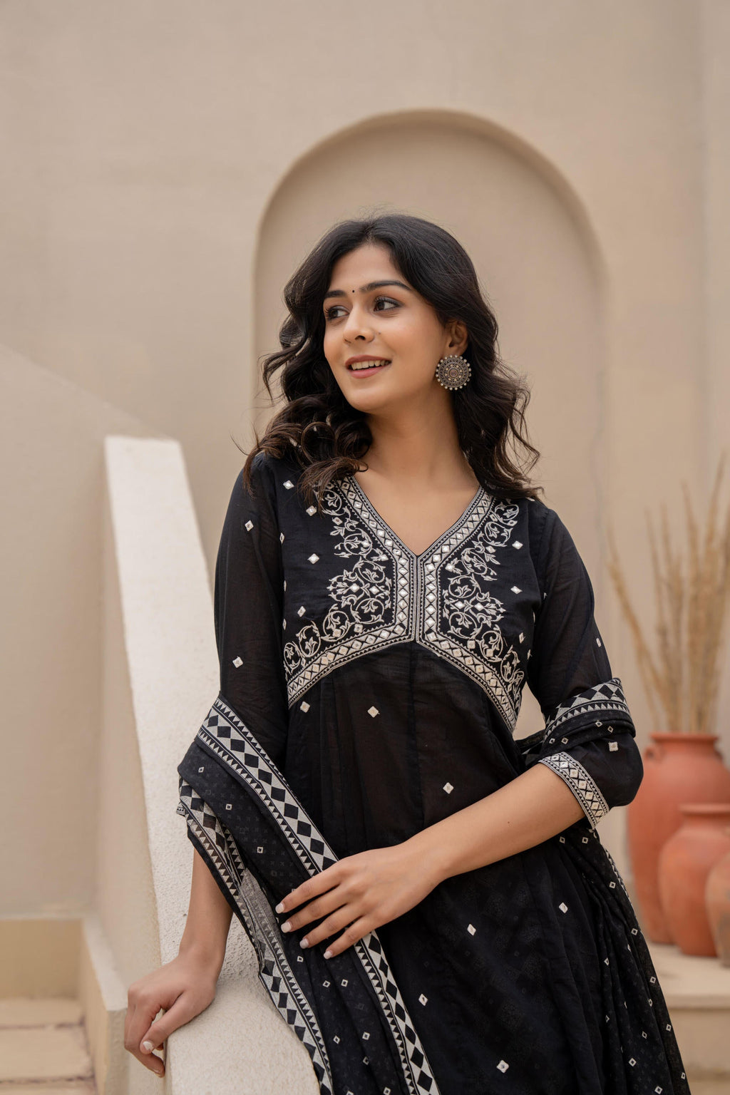 Juniper Black Kurta Set with Heavy Embroidered Neck and Printed Palazzo
