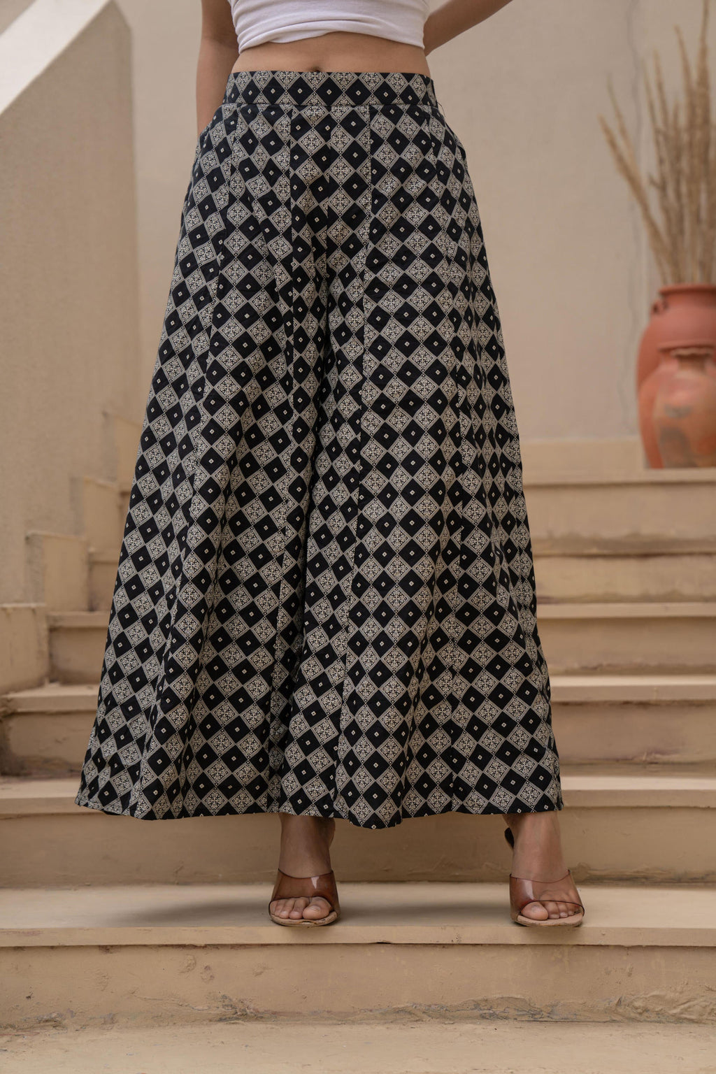 Juniper Black Kurta Set with Heavy Embroidered Neck and Printed Palazzo