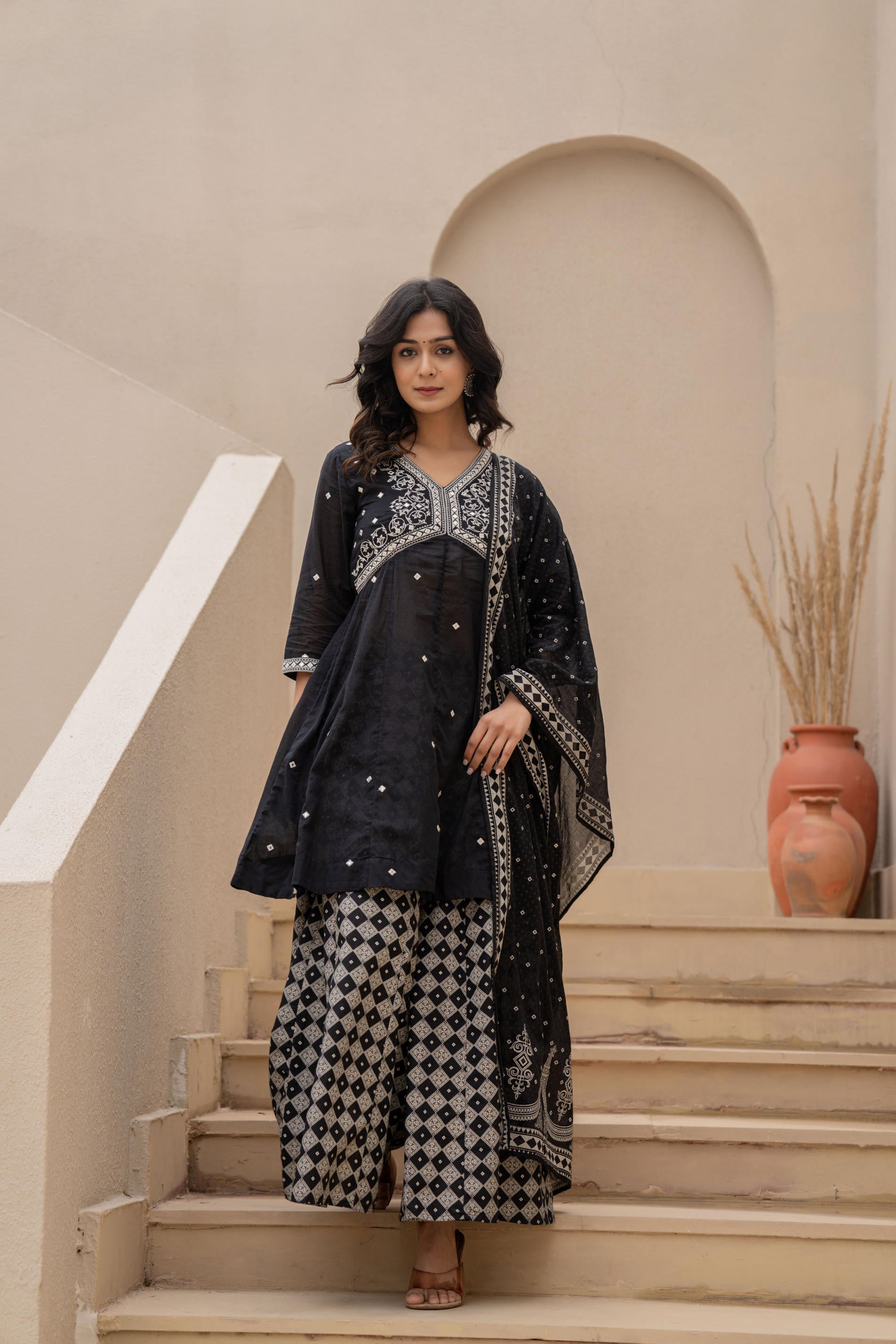 Juniper Black Kurta Set with Heavy Embroidered Neck and Printed Palazzo