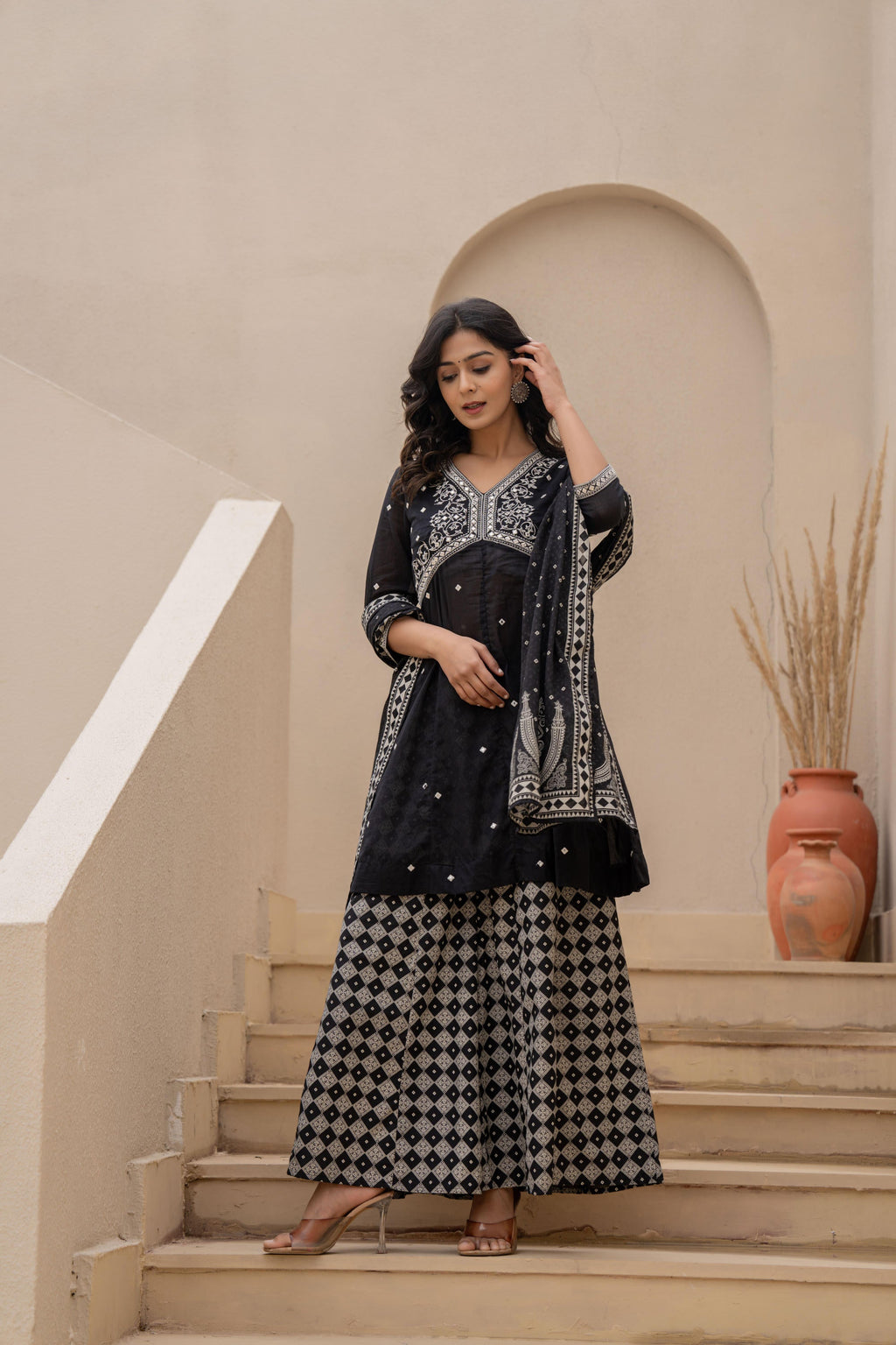 Juniper Black Kurta Set with Heavy Embroidered Neck and Printed Palazzo