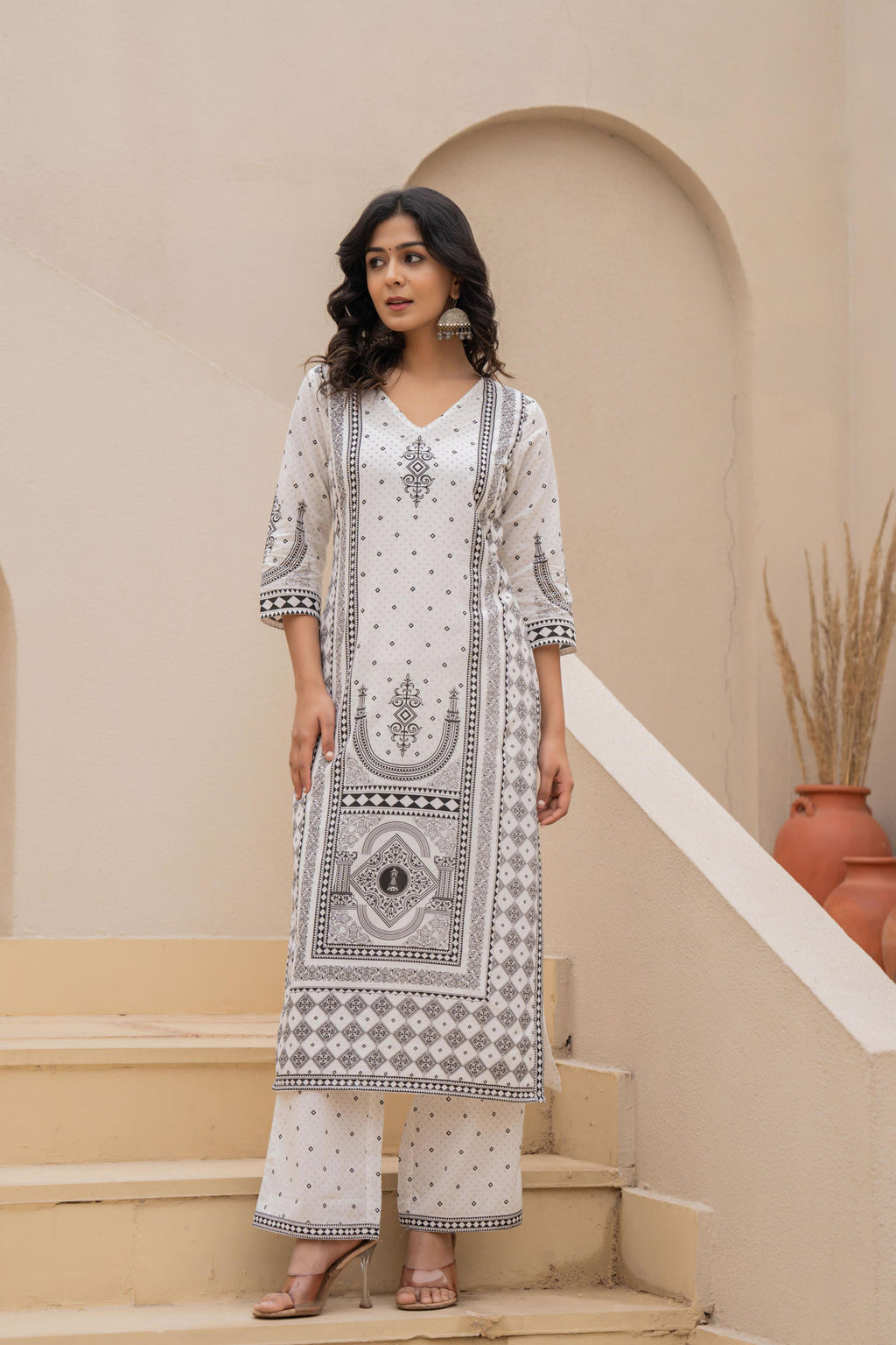 Juniper White Printed Kurta Set with Palazzo & Dupatta
