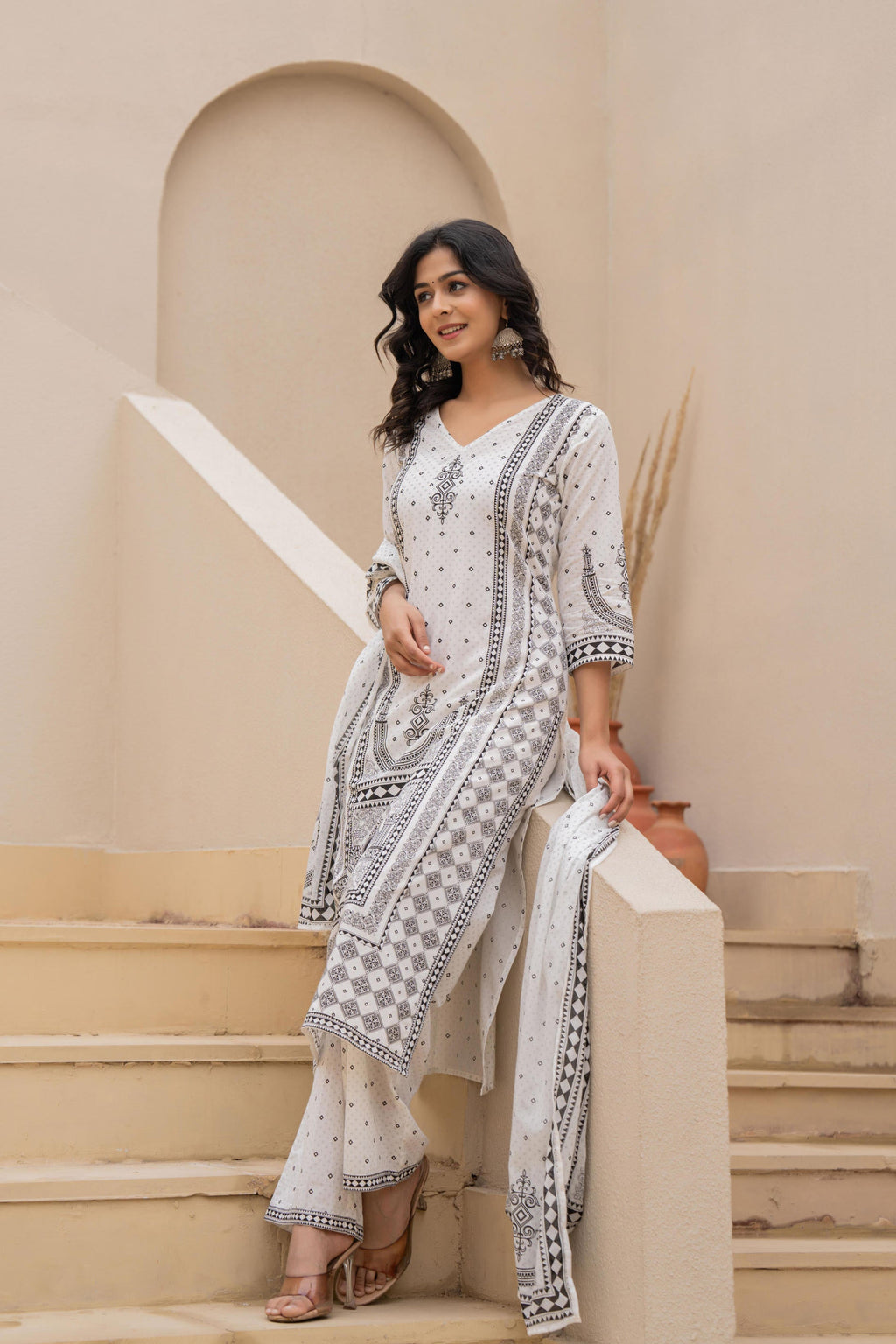 Juniper White Printed Kurta Set with Palazzo & Dupatta