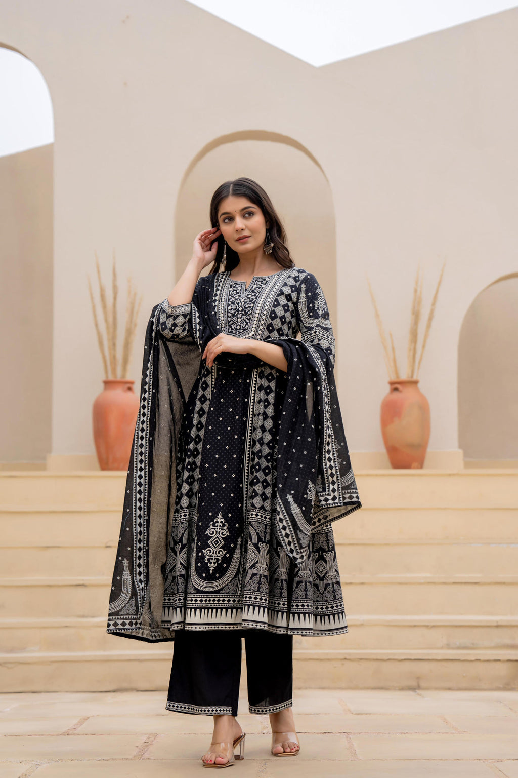 Juniper Black Ethnic Motif Printed Kurta Set With Thread & Mirror Work