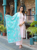 Juniper Onion Pink Embroidered Kurta Set with Aqua Floral Dupatta
