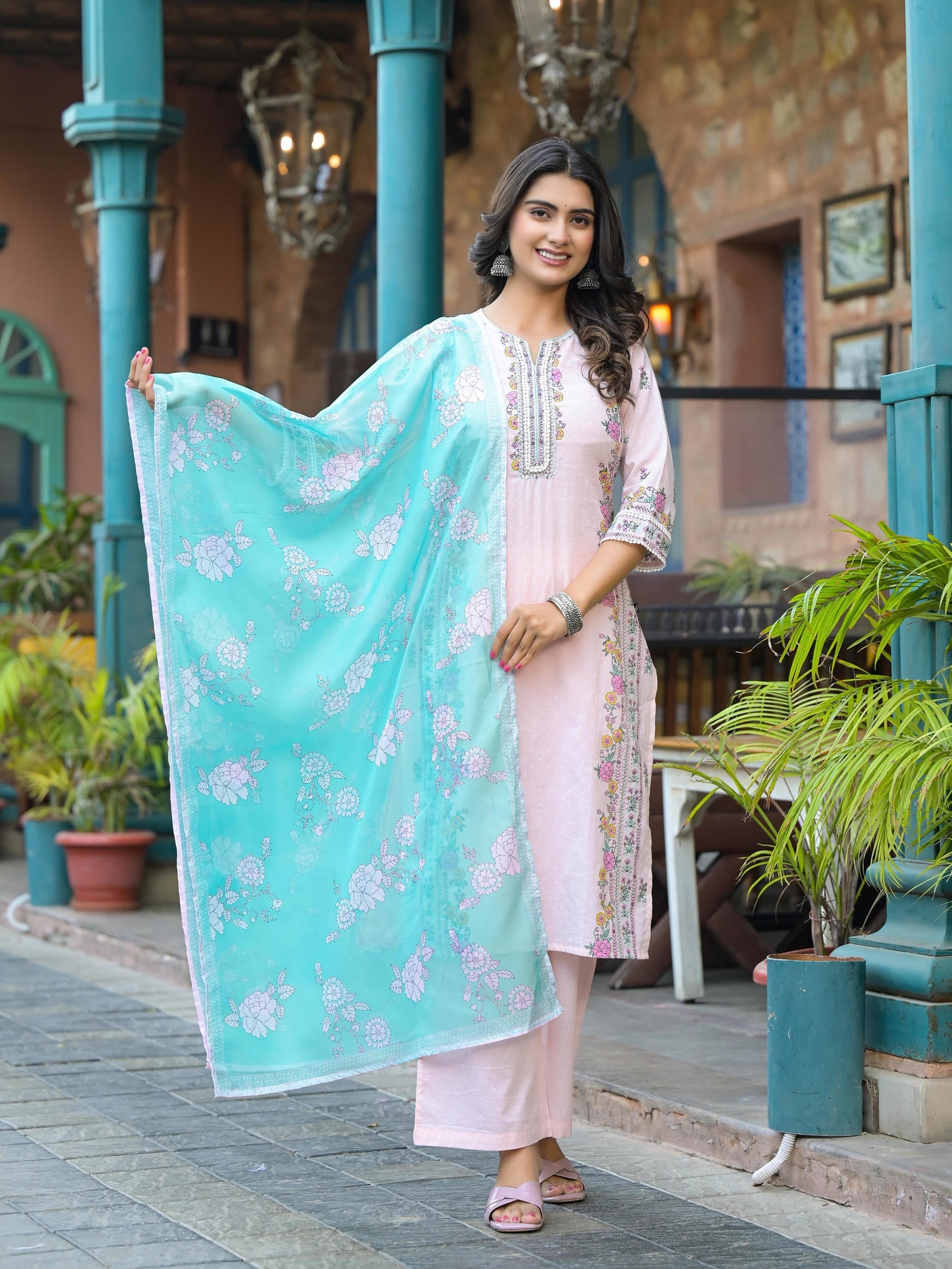 Juniper Onion Pink Embroidered Kurta Set with Aqua Floral Dupatta