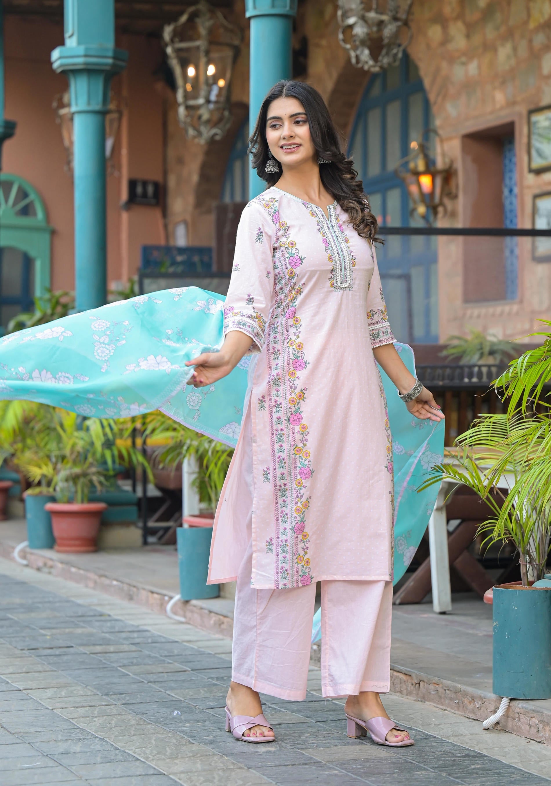 Juniper Onion Pink Embroidered Kurta Set with Aqua Floral Dupatta