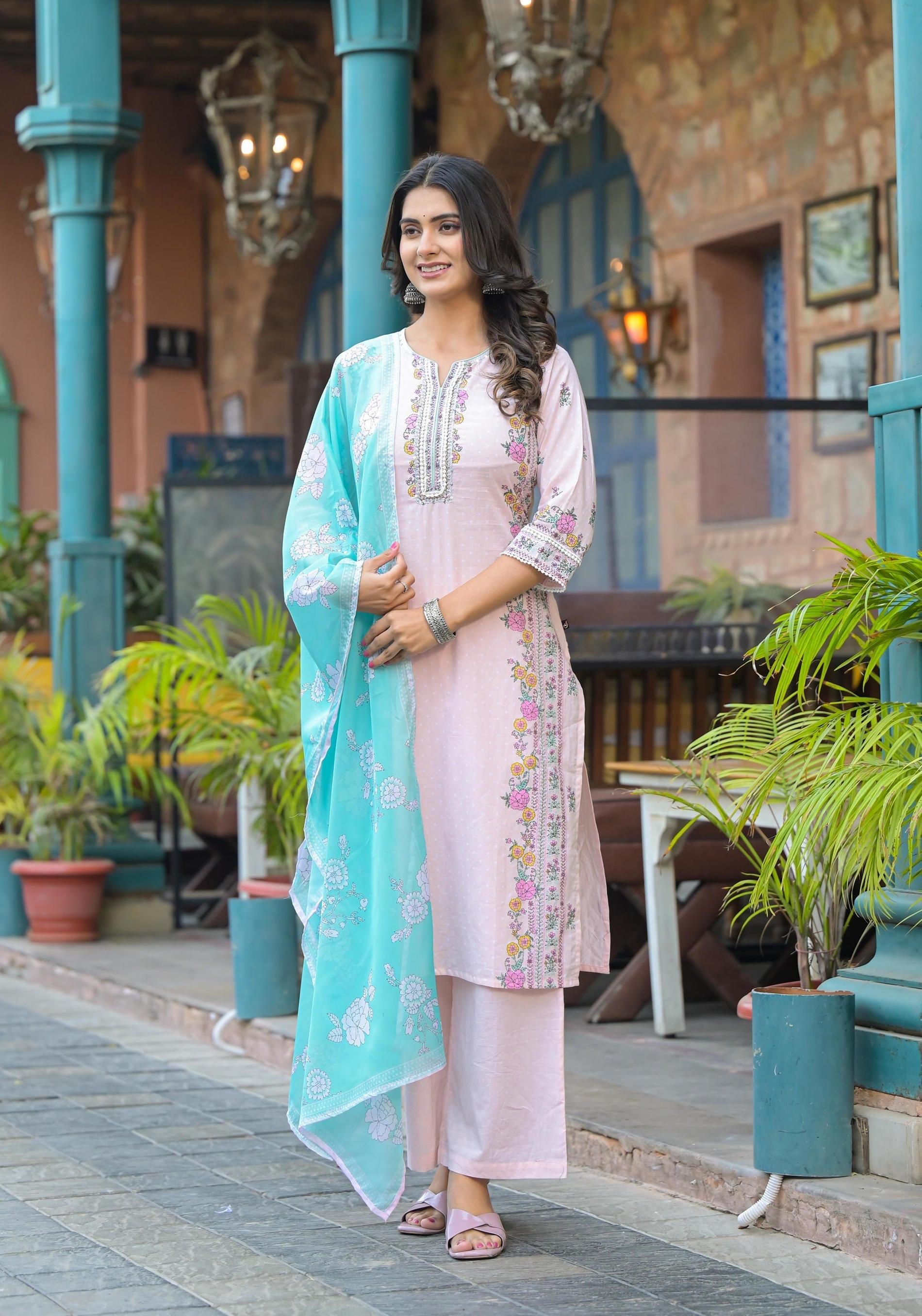 Juniper Onion Pink Embroidered Kurta Set with Aqua Floral Dupatta