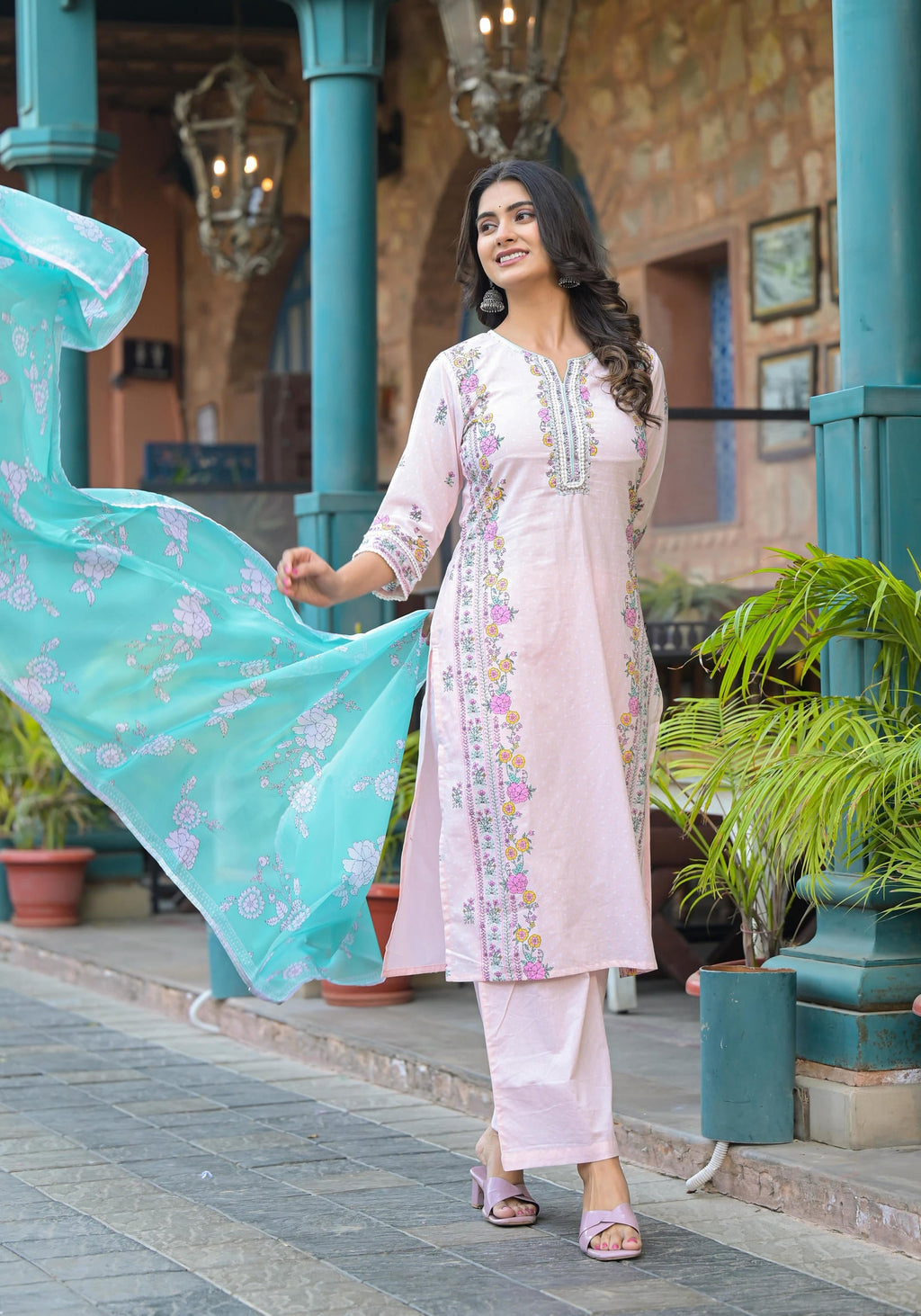 Juniper Onion Pink Embroidered Kurta Set with Aqua Floral Dupatta