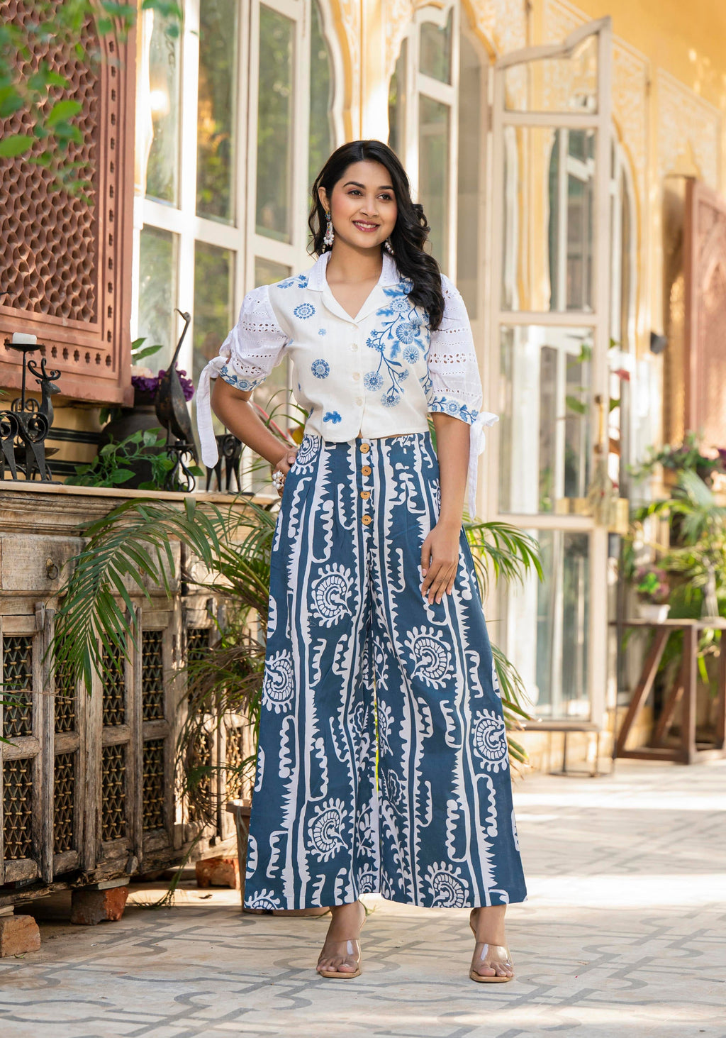 Juniper Embroidered Co-Ord Set With Eyelet Shirt And Printed Wide-Leg Pants