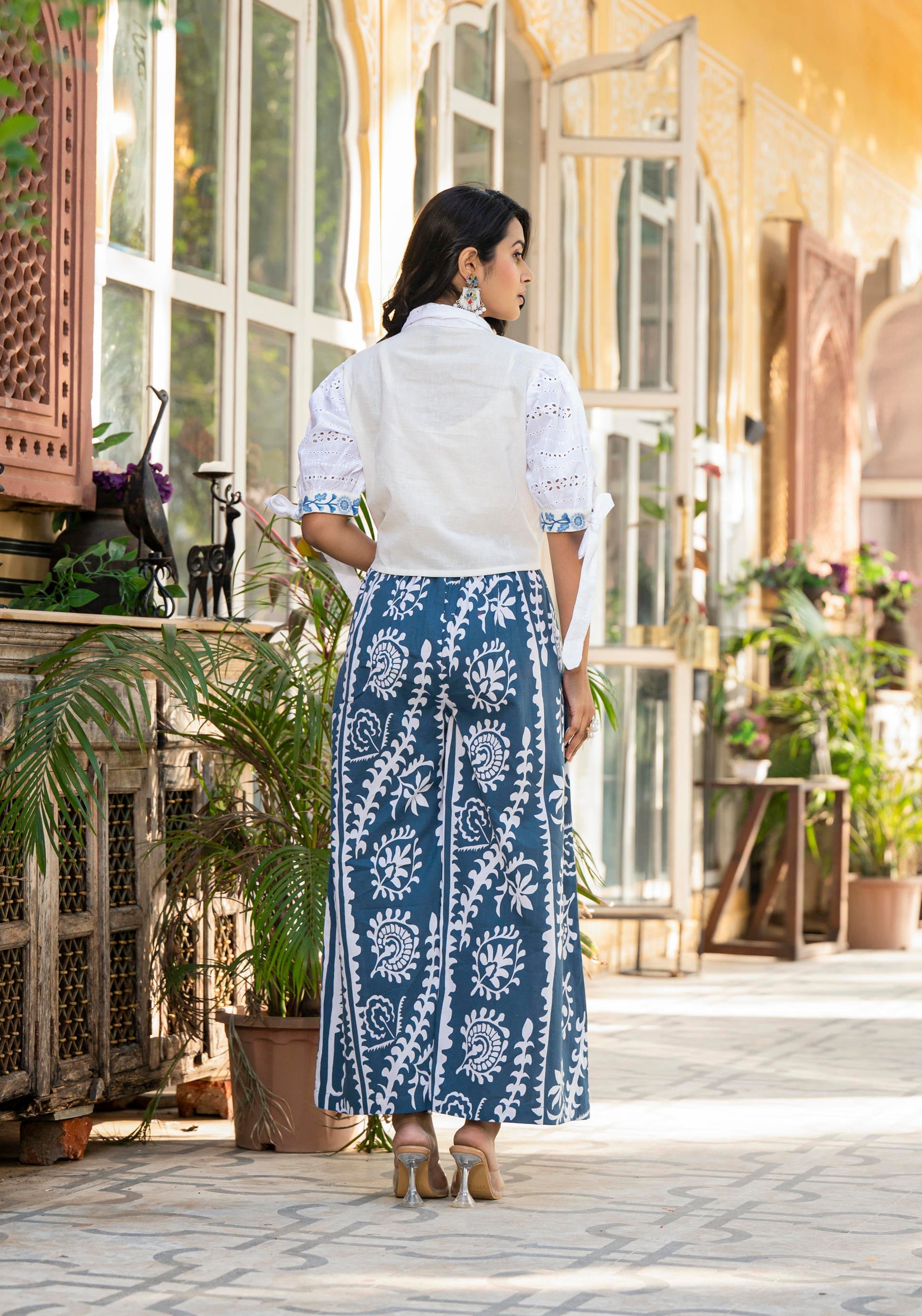 Juniper Embroidered Co-ord Set with Eyelet Shirt and Printed Wide-Leg Pants
