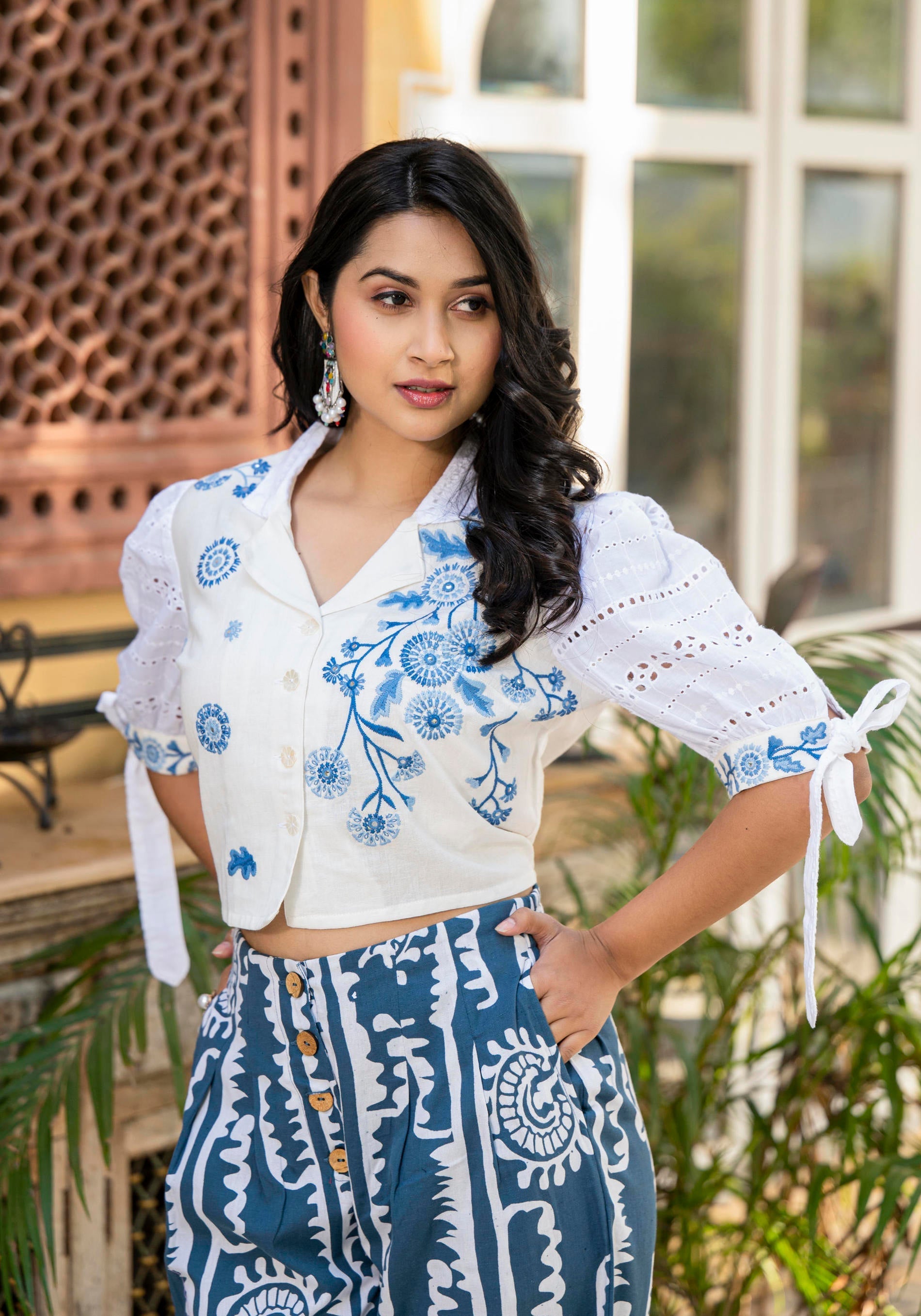 Juniper Embroidered Co-ord Set with Eyelet Shirt and Printed Wide-Leg Pants