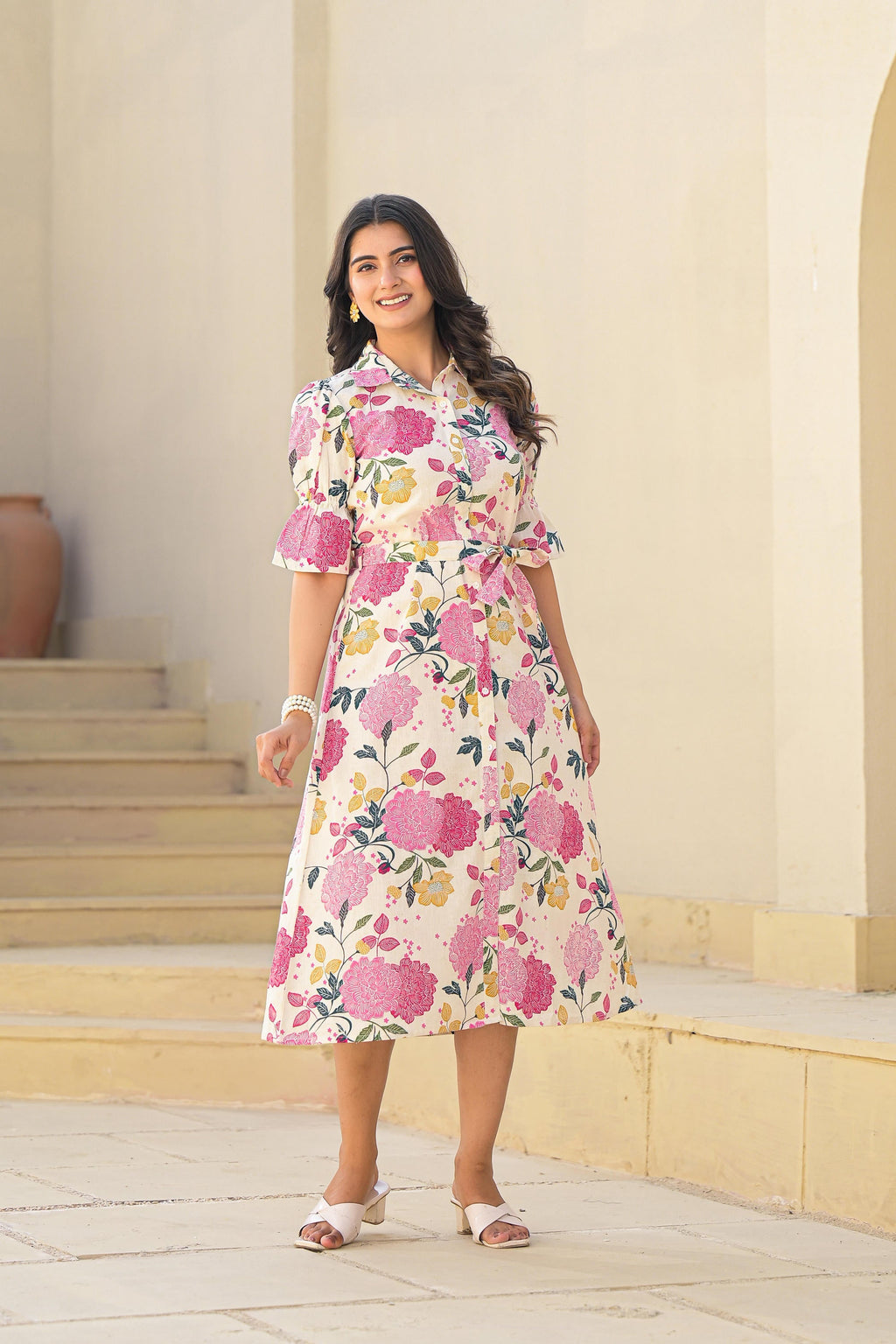 Juniper Women's Pink Floral Printed Cotton Long Dress With Belt