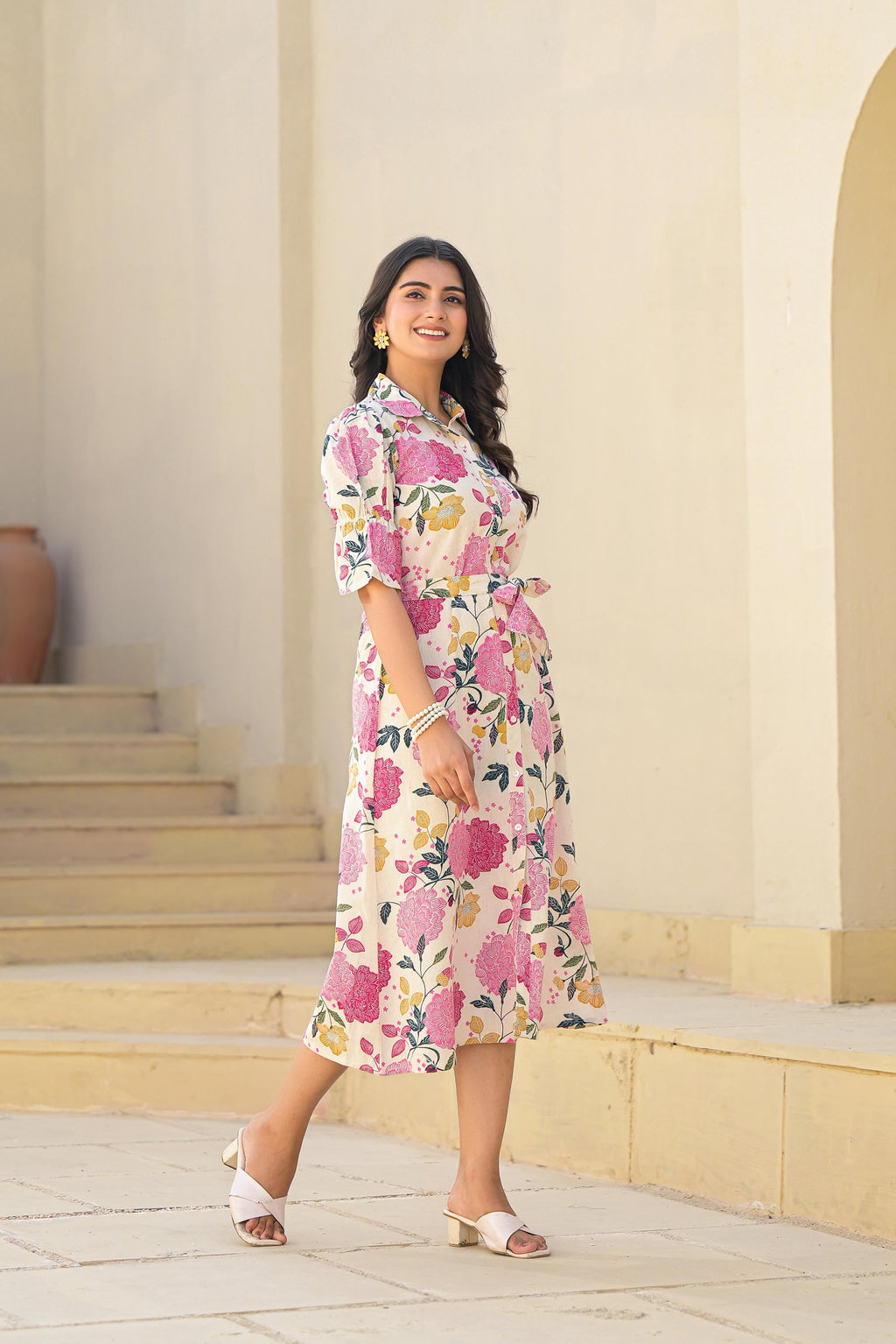 Juniper Women's Pink Floral Printed Cotton Long Dress With Belt