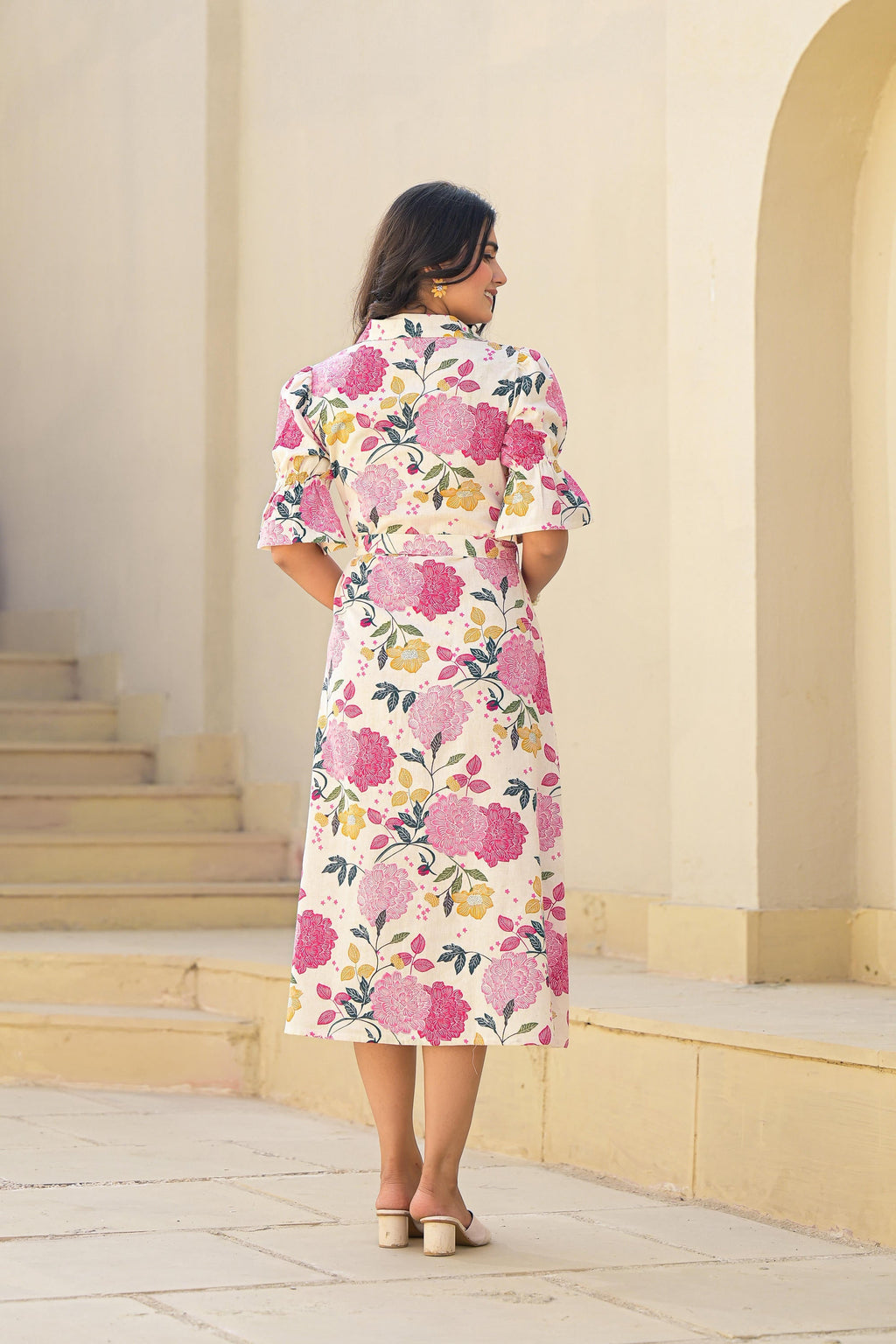 Juniper Women's Pink Floral Printed Cotton Long Dress With Belt