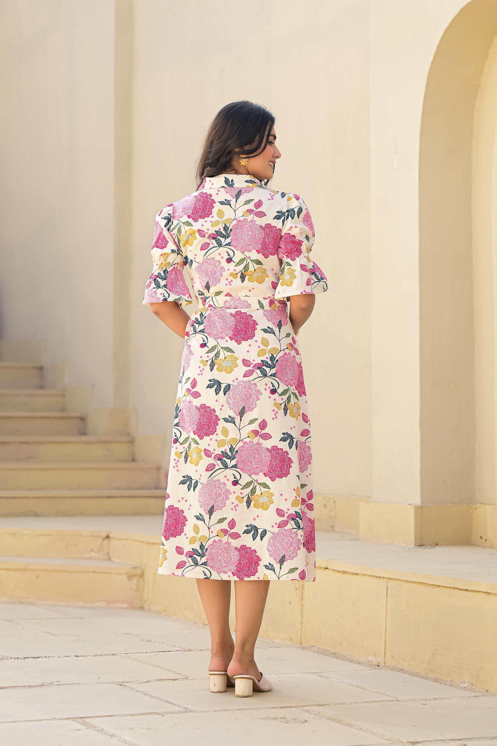 Juniper Women's Pink Floral Printed Cotton Long Dress With Belt