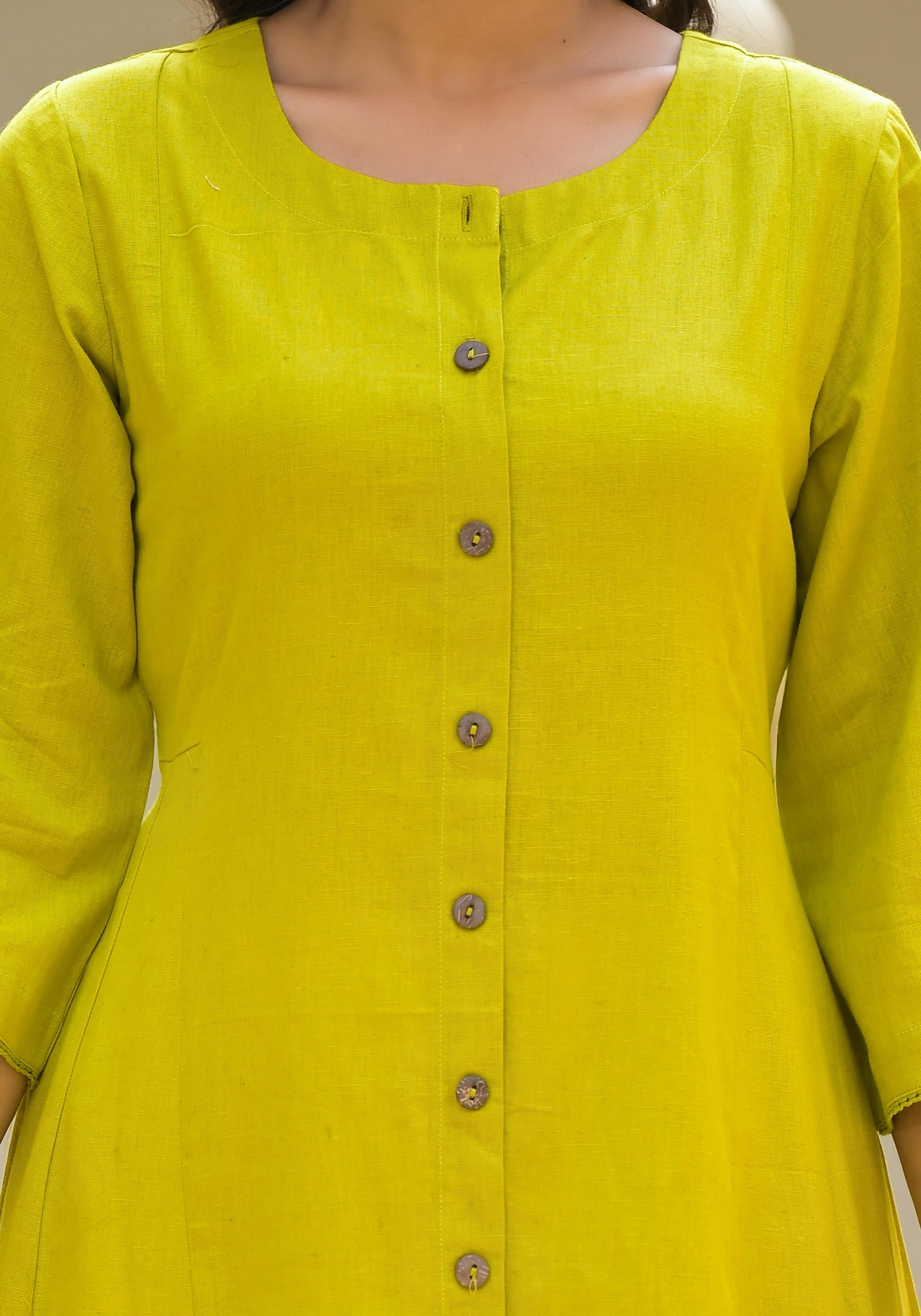 Juniper Lime Green Solid Cotton Linen Kurta With Button Closure