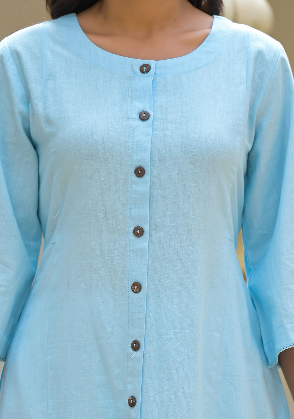 Juniper Powder Blue Solid Cotton Linen Kurta With Button Closure