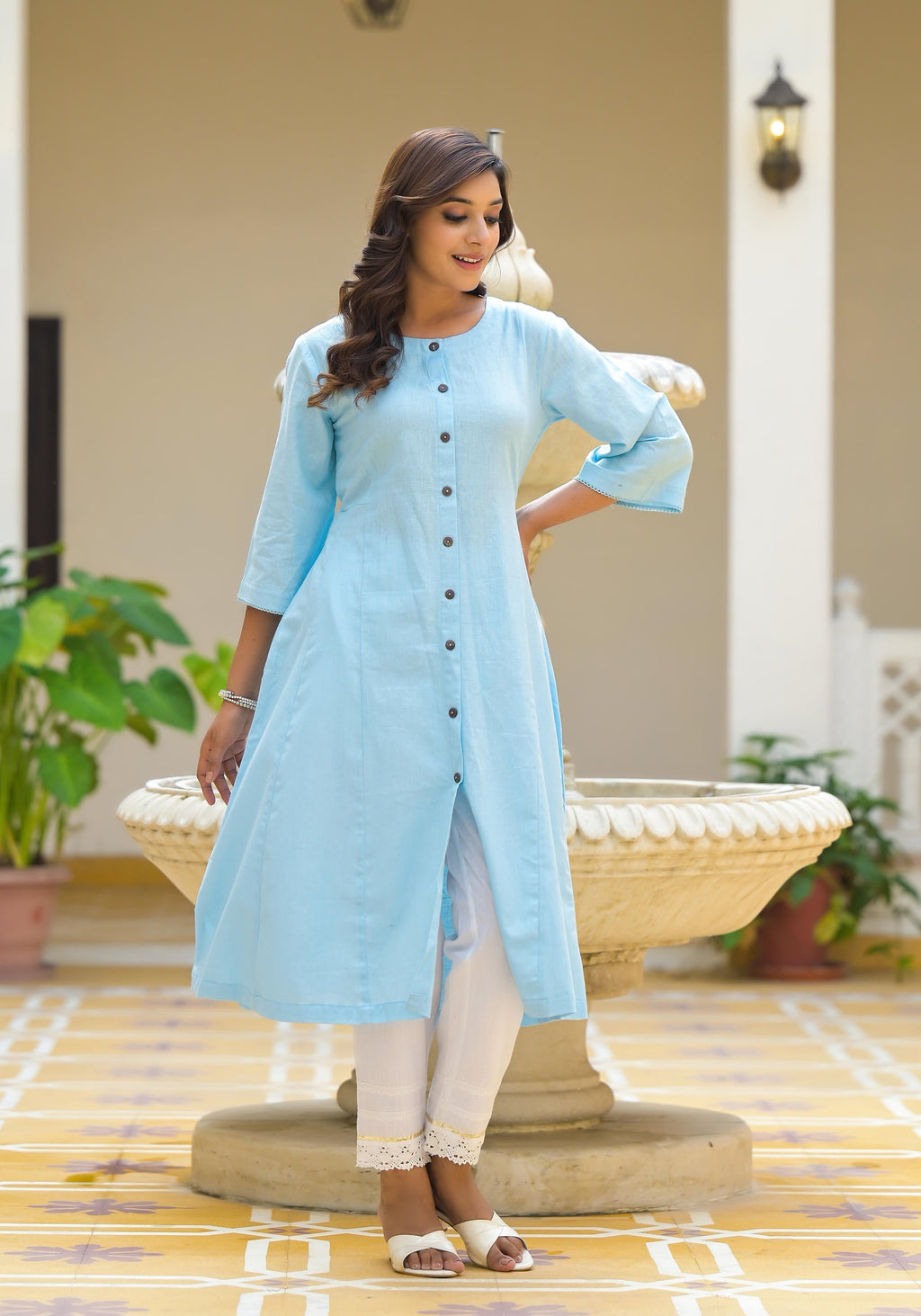 Juniper Powder Blue Solid Cotton Linen Kurta With Button Closure