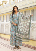 Juniper Women's Grey Floral Printed Cotton Kurta Sharara And Dupatta Set With Sequins