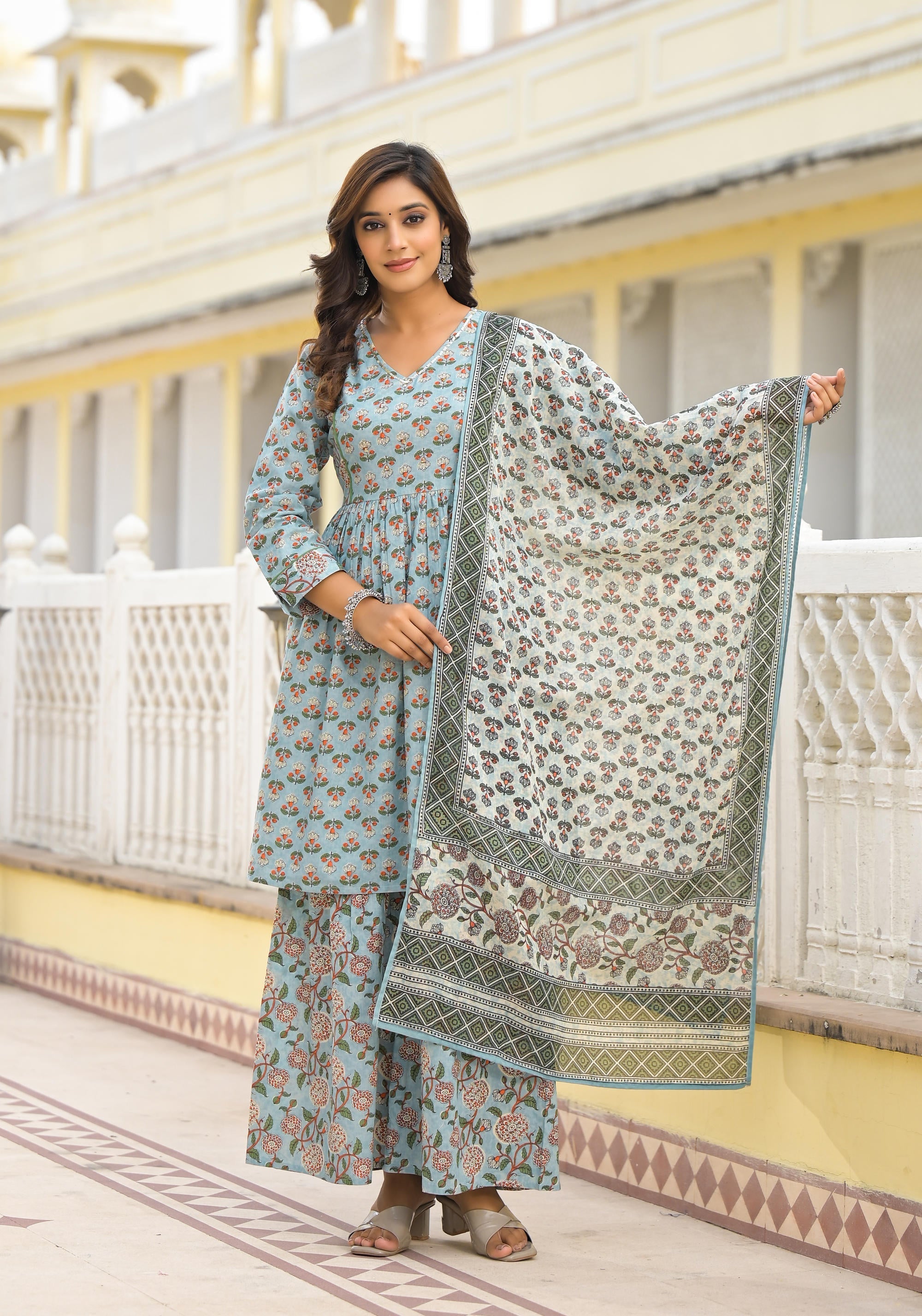 Juniper Women's Grey Floral Printed Cotton Kurta Sharara And Dupatta Set With Sequins