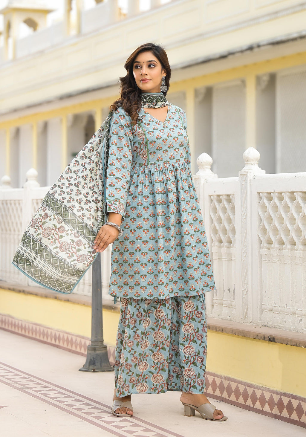 Juniper Women's Grey Floral Printed Cotton Kurta Sharara And Dupatta Set With Sequins