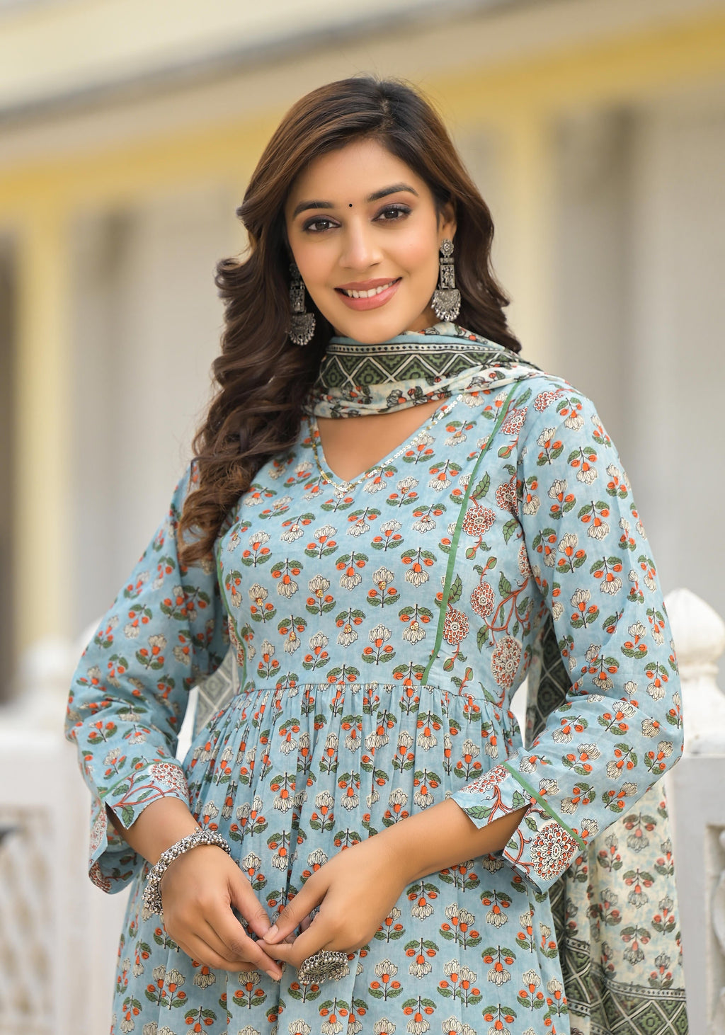 Juniper Women's Grey Floral Printed Cotton Kurta Sharara And Dupatta Set With Sequins