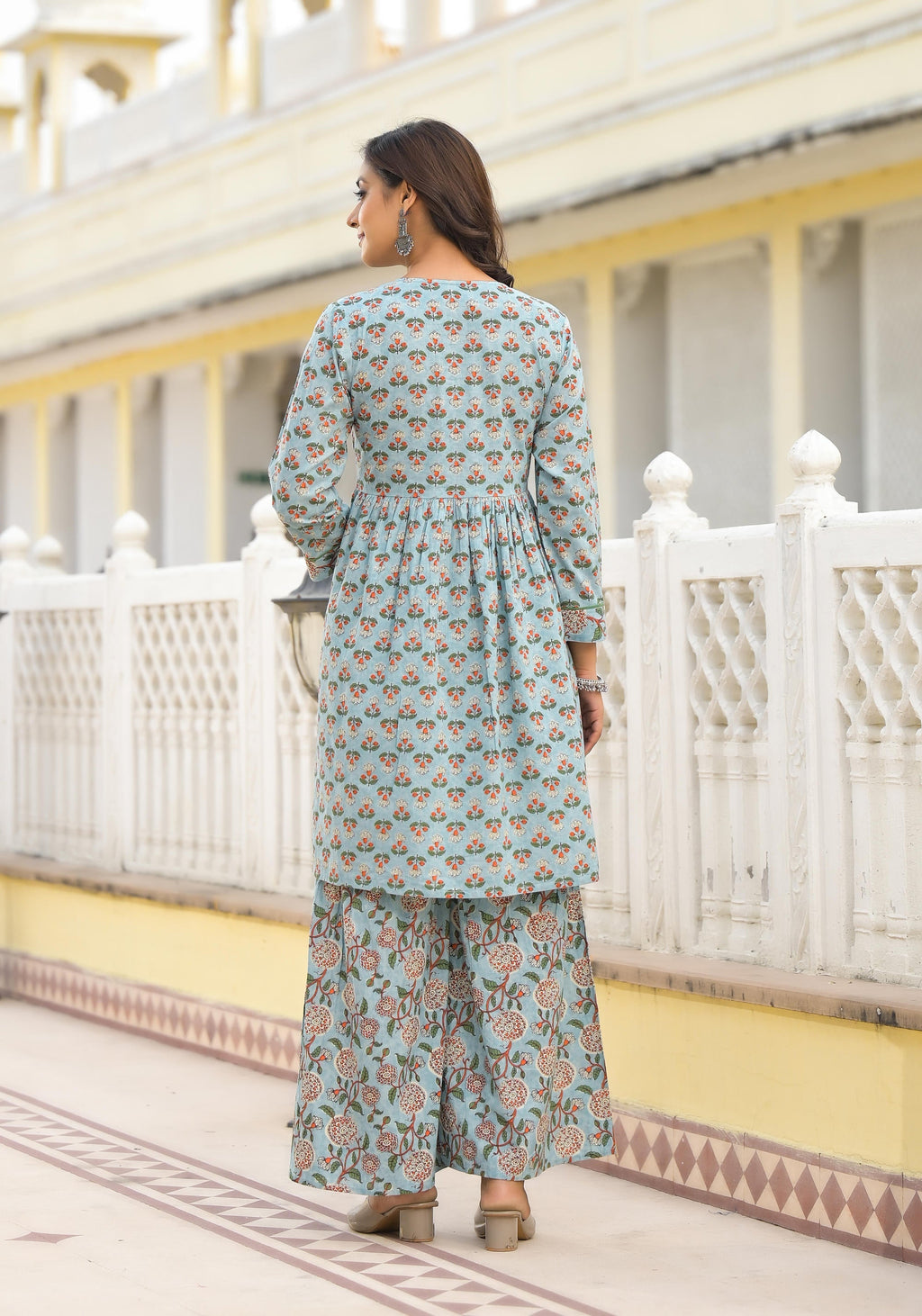 Juniper Women's Grey Floral Printed Cotton Kurta Sharara And Dupatta Set With Sequins