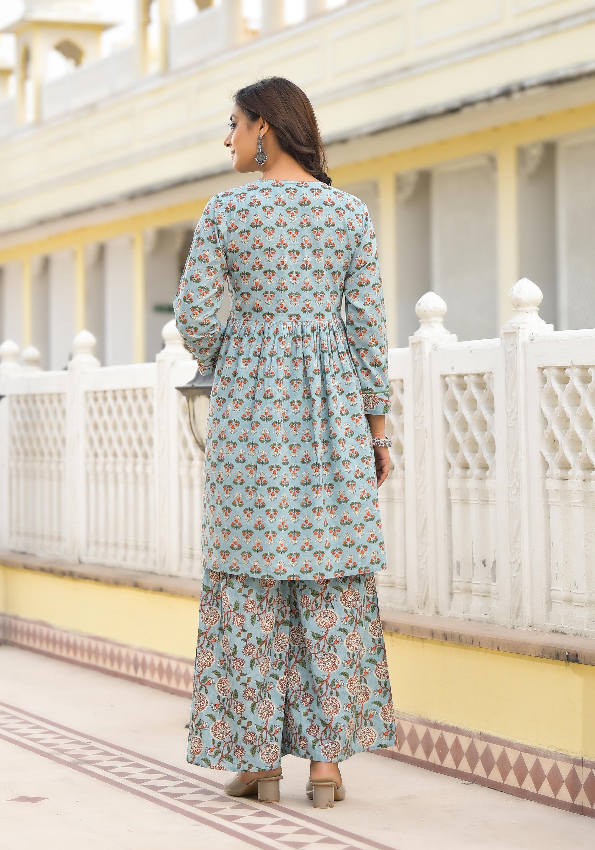 Juniper Women's Grey Floral Printed Cotton Kurta Sharara And Dupatta Set With Sequins