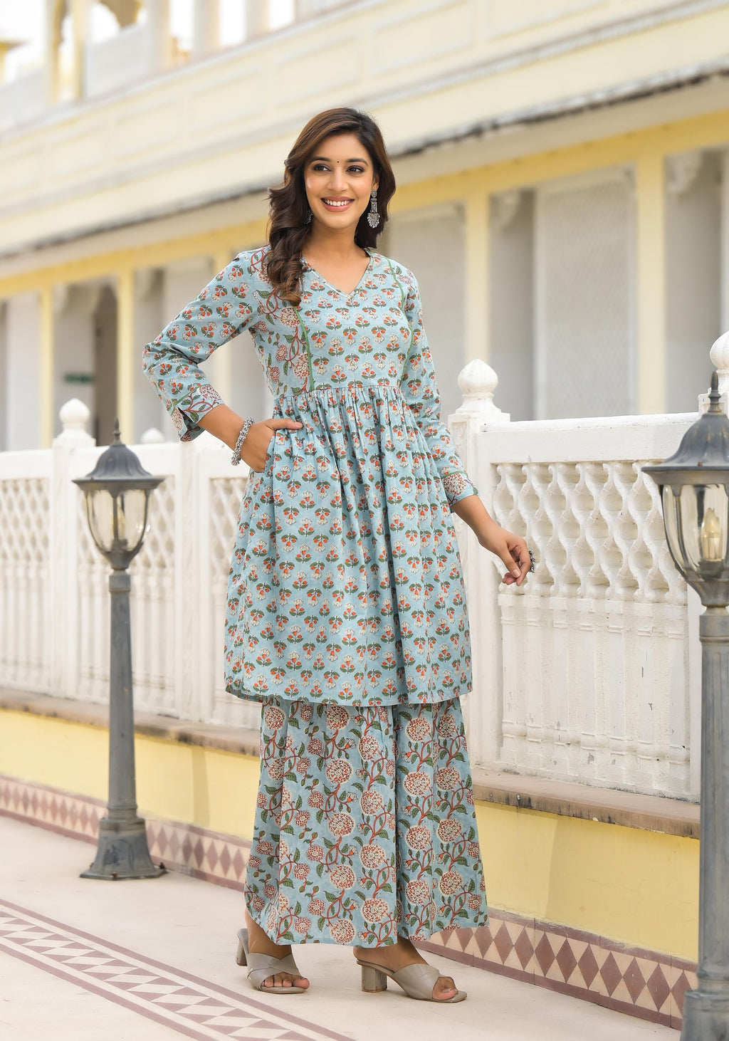 Juniper Women's Grey Floral Printed Cotton Kurta Sharara And Dupatta Set With Sequins