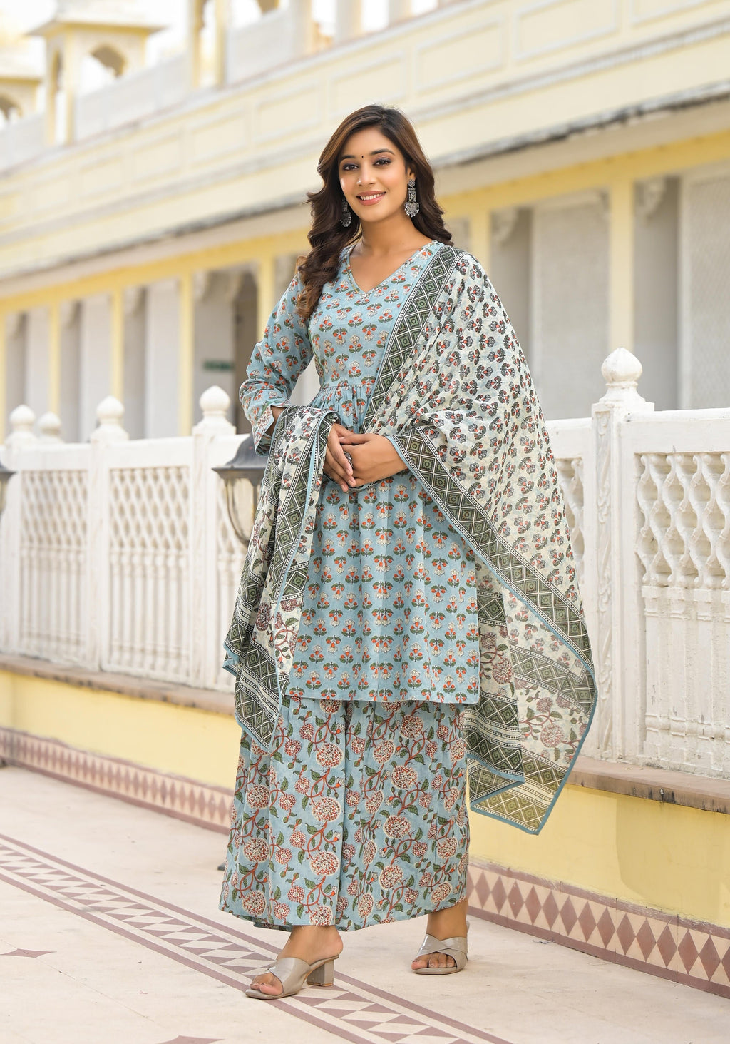 Juniper Women's Grey Floral Printed Cotton Kurta Sharara And Dupatta Set With Sequins