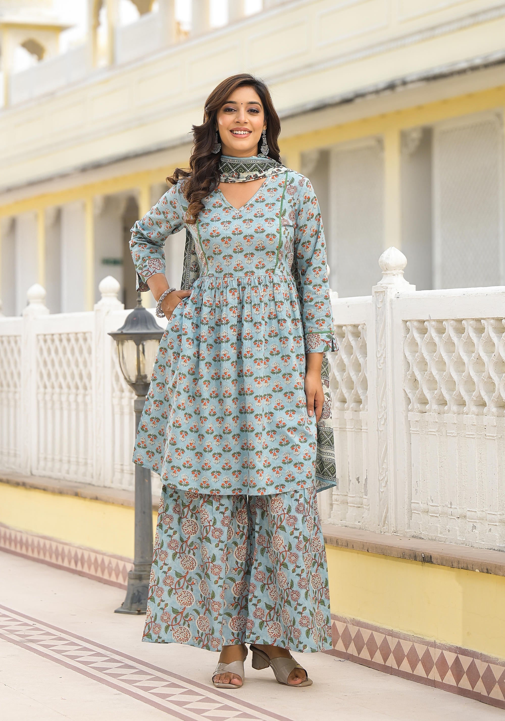 Juniper Women's Grey Floral Printed Cotton Kurta Sharara And Dupatta Set With Sequins