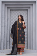 Juniper Black Floral Printed Cotton Kurta Set With Thread Work & Sequins