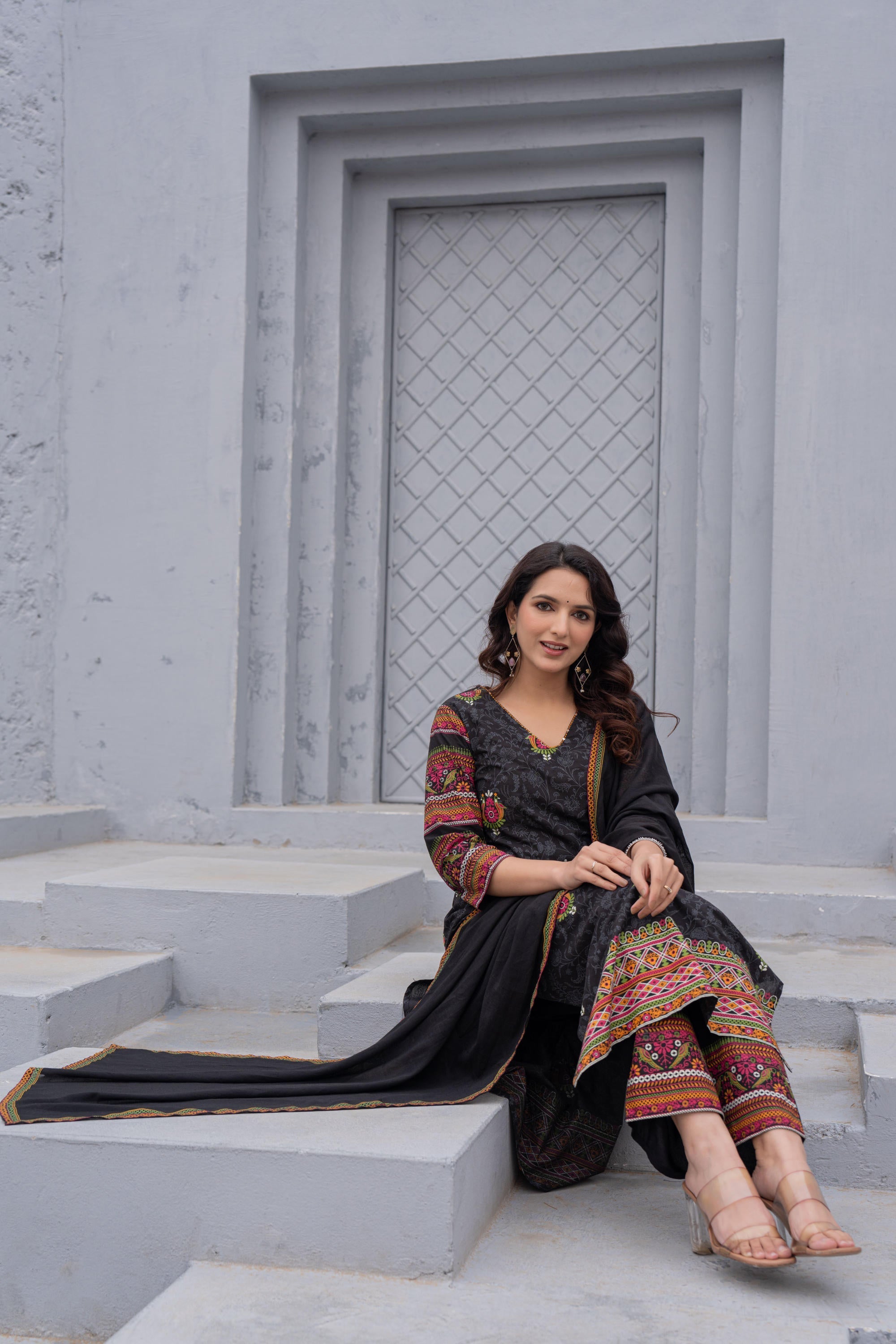 Juniper Black Floral Printed Cotton Kurta Set With Thread Work & Sequins