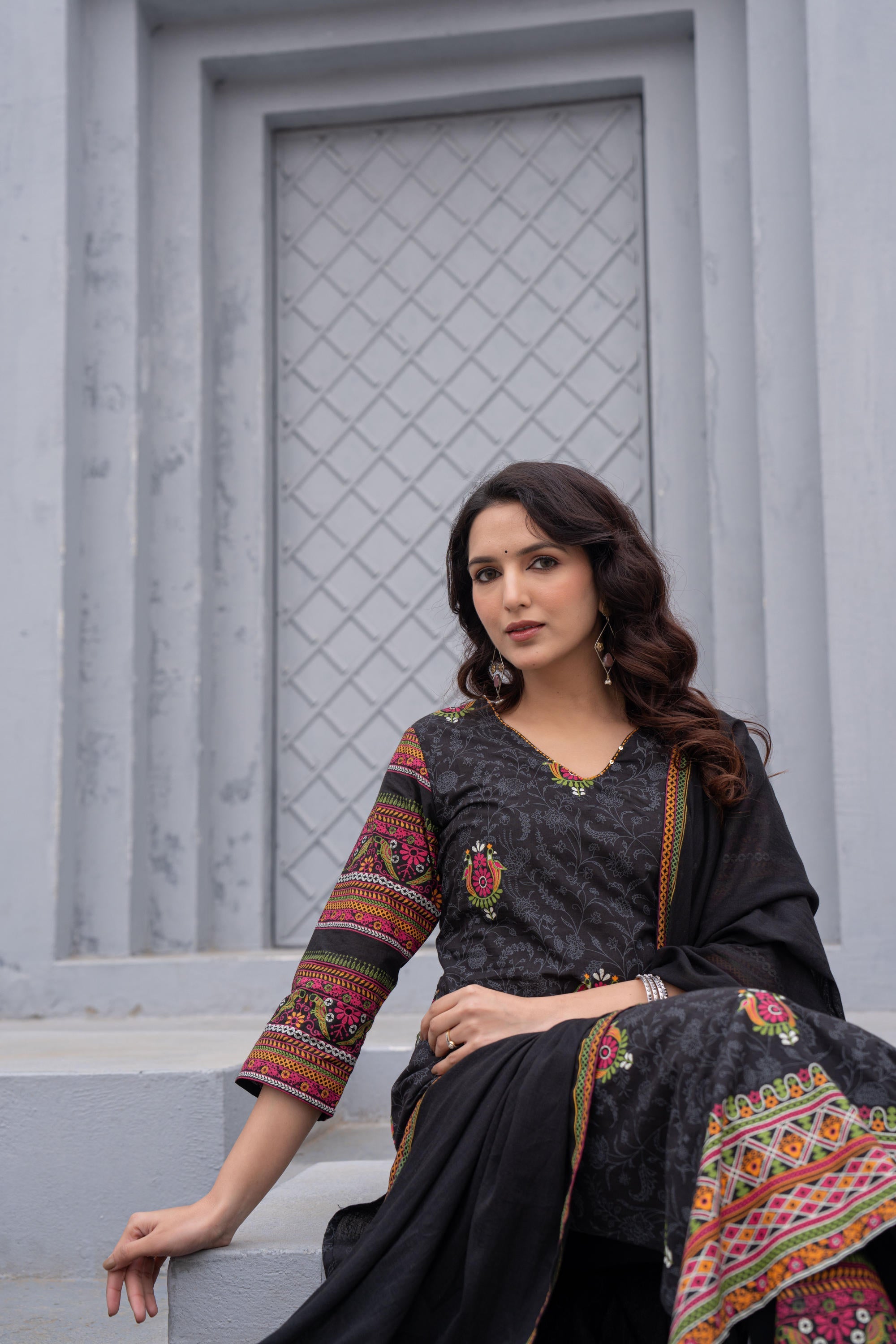 Juniper Black Floral Printed Cotton Kurta Set With Thread Work & Sequins