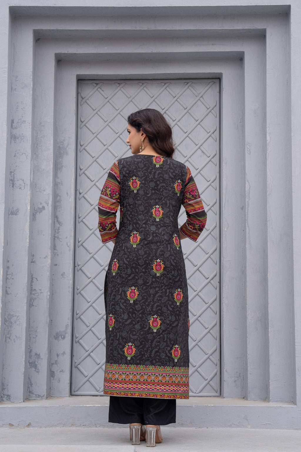 Juniper Black Floral Printed Cotton Kurta Set With Thread Work & Sequins