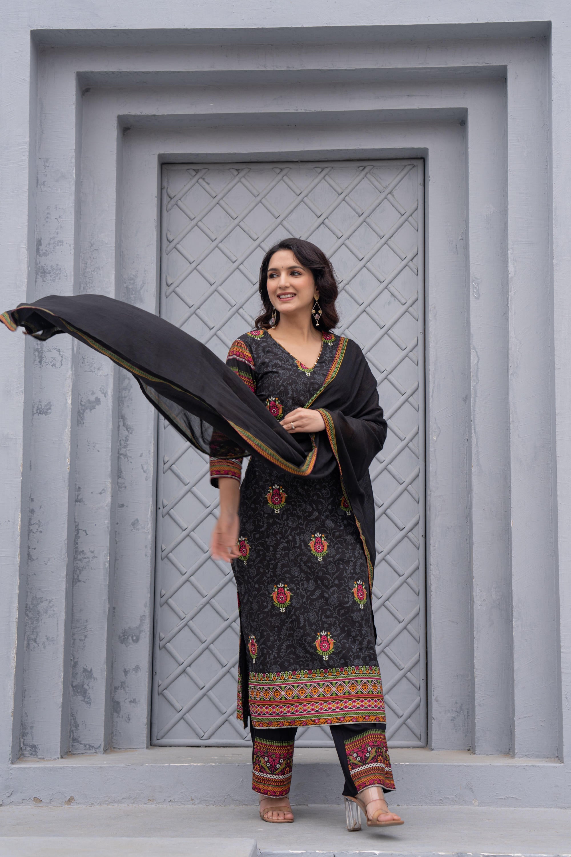 Juniper Black Floral Printed Cotton Kurta Set With Thread Work & Sequins