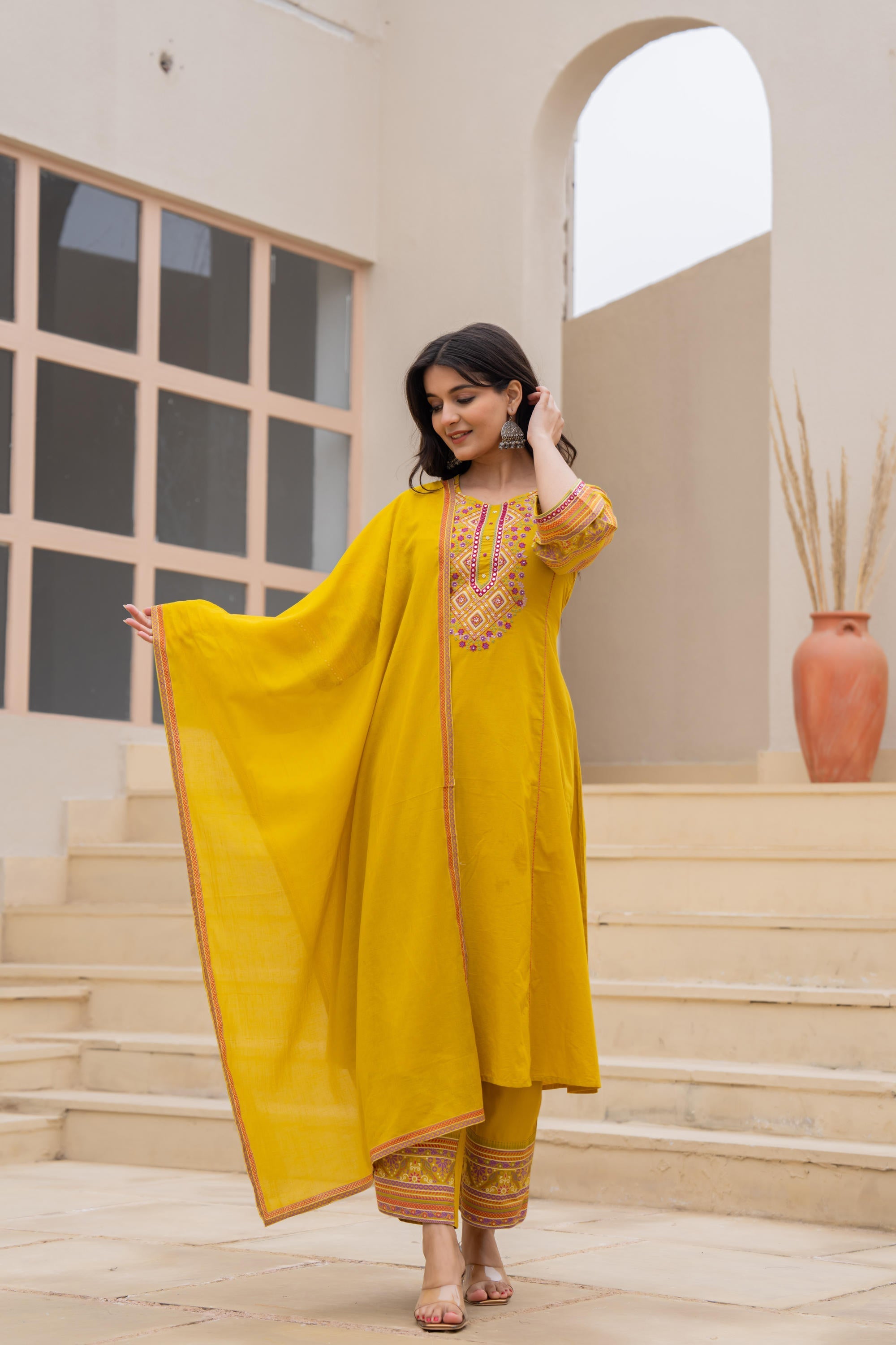 Juniper Mustard Embroidered Kurta Set with Printed Pant & Dupatta