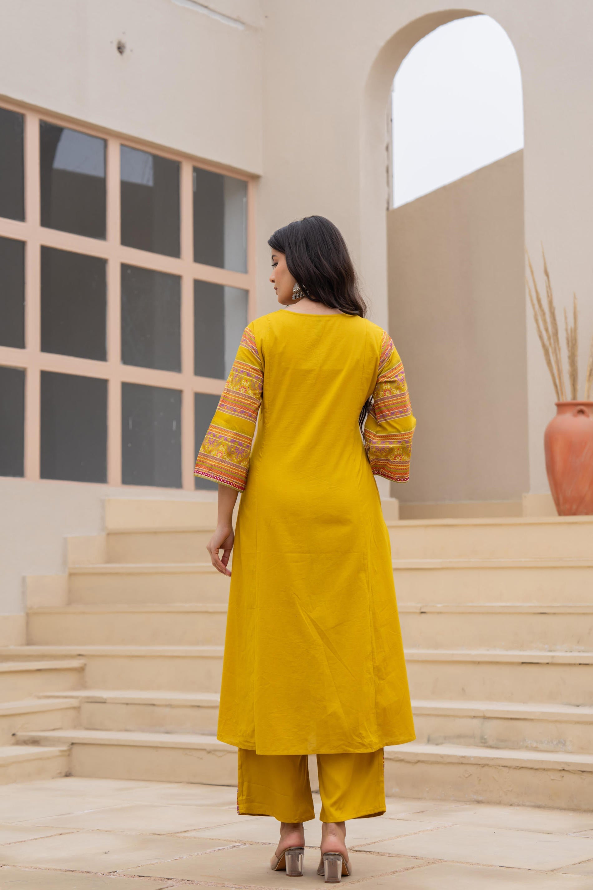 Juniper Mustard Embroidered Kurta Set with Printed Pant & Dupatta