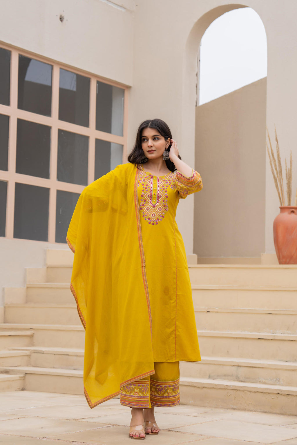 Juniper Mustard Embroidered Kurta Set with Printed Pant & Dupatta