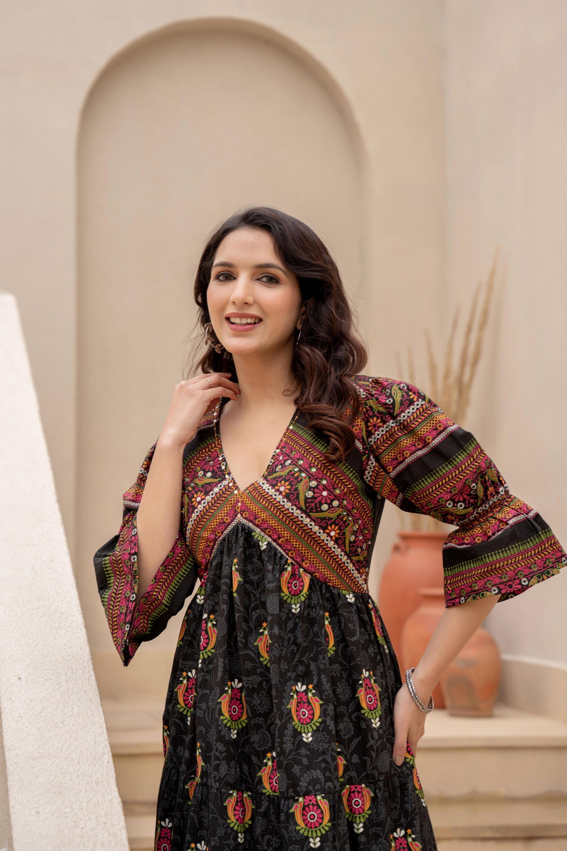 Juniper Black Printed Fit & Flare Dress with Tribal Border